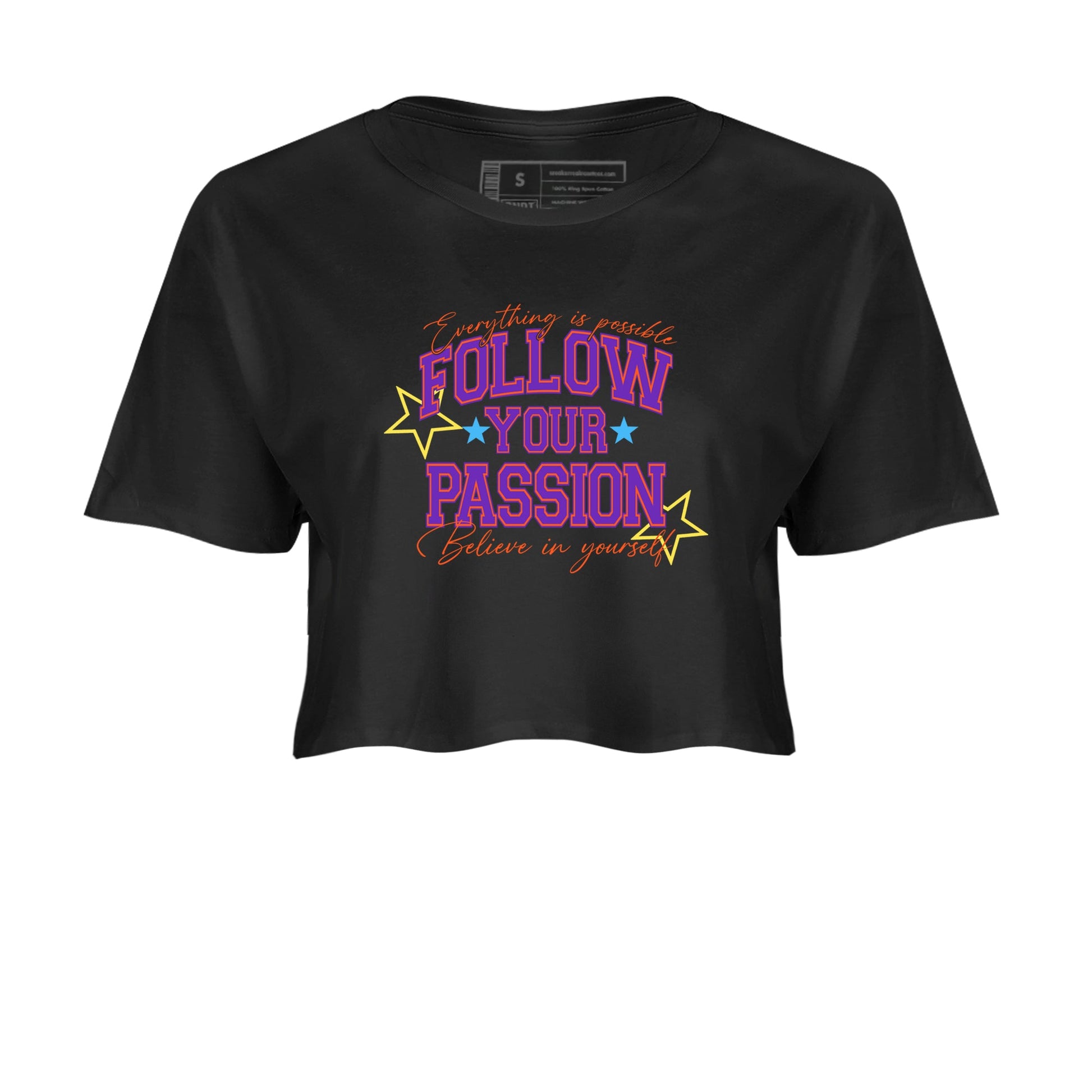 Sneaker Threads – Sneaker Tees To Match New Balance 9060 Prism Purple – Follow Your Passion Crop Tee Black 2. Perfect for Jordan releases 2025 colorways.