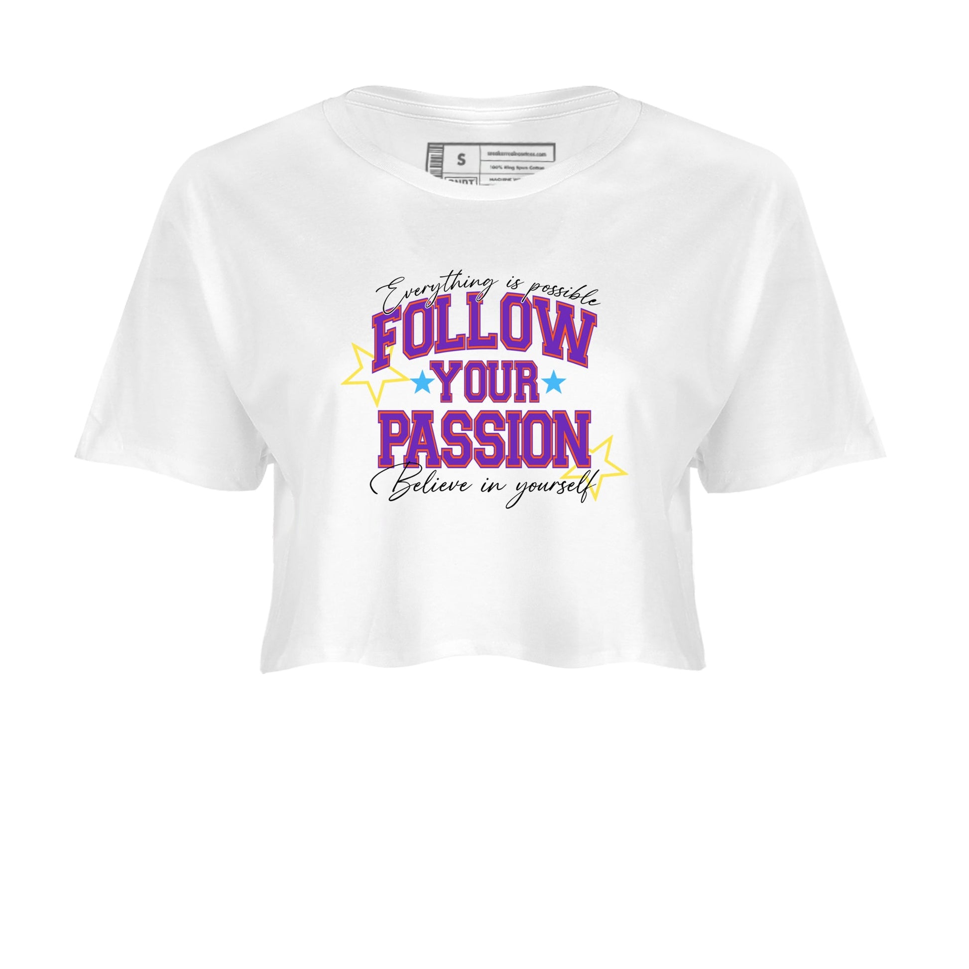 Sneaker Threads – Sneaker Tees To Match New Balance 9060 Prism Purple – Follow Your Passion Crop Tee White 2. Perfect for Jordan releases 2025 colorways.