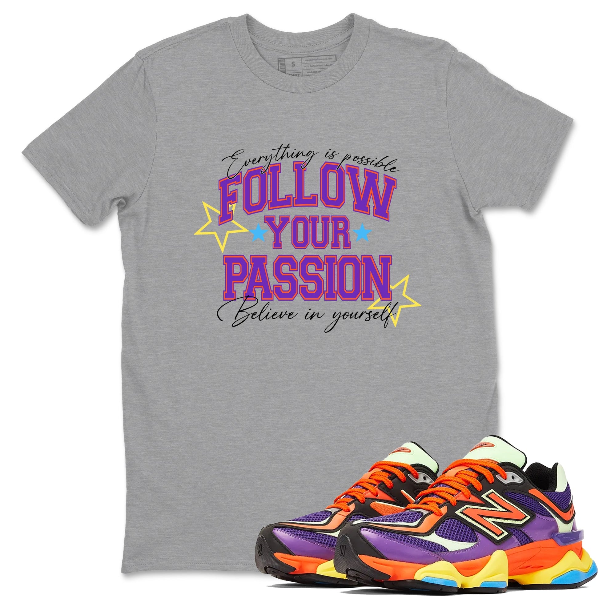 Sneaker Threads – Sneaker Tees To Match New Balance 9060 Prism Purple – Follow Your Passion Graphic Tee Heather Grey 1. Perfect for Jordan releases 2025 colorways.