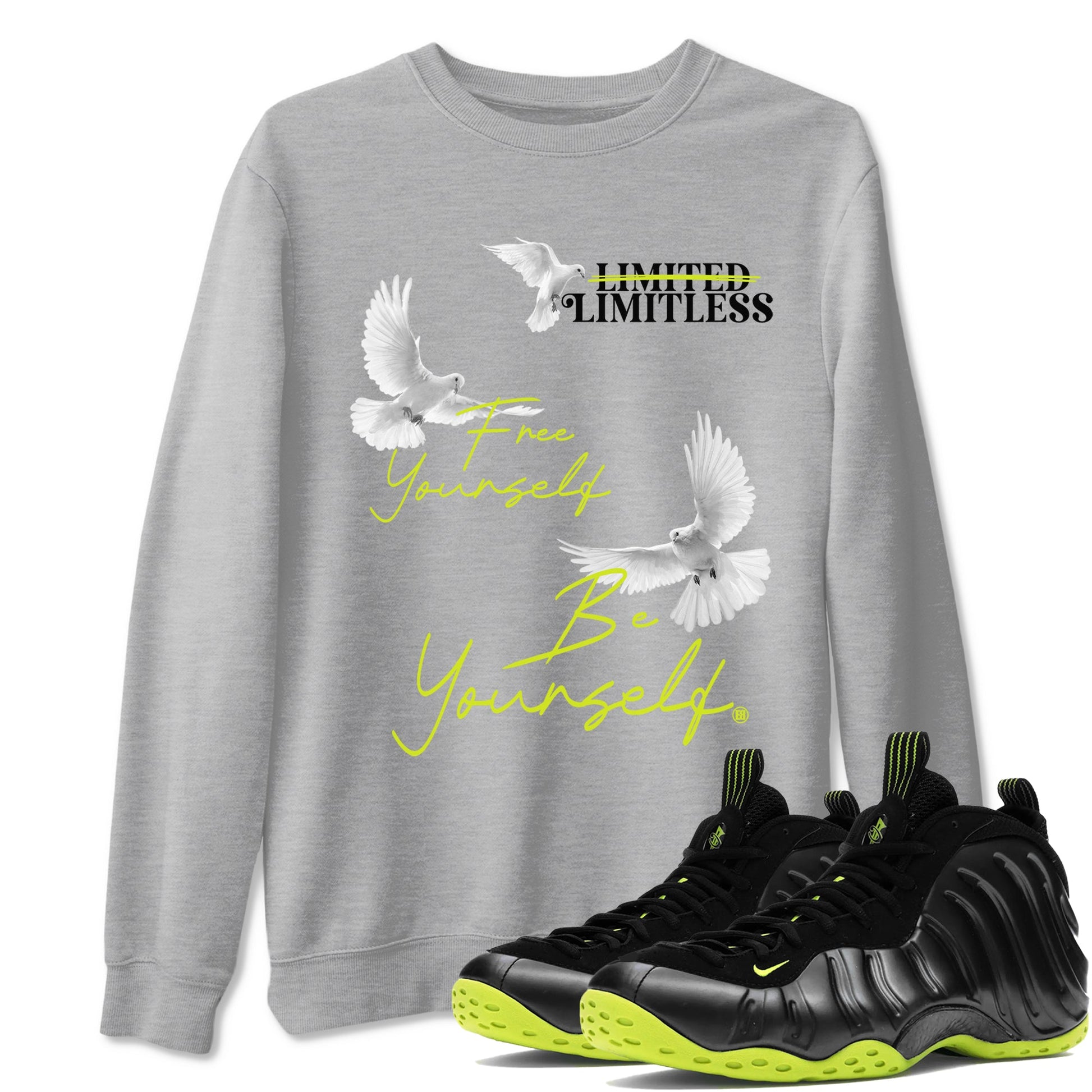 Foams One Black Volt shirts to match jordans Free Yourself Be Yourself sneaker match tees Air Foamposite One Black Volt match shoes to clothes SNRT Sneaker Tees unisex cotton Heather Grey 1 shirts