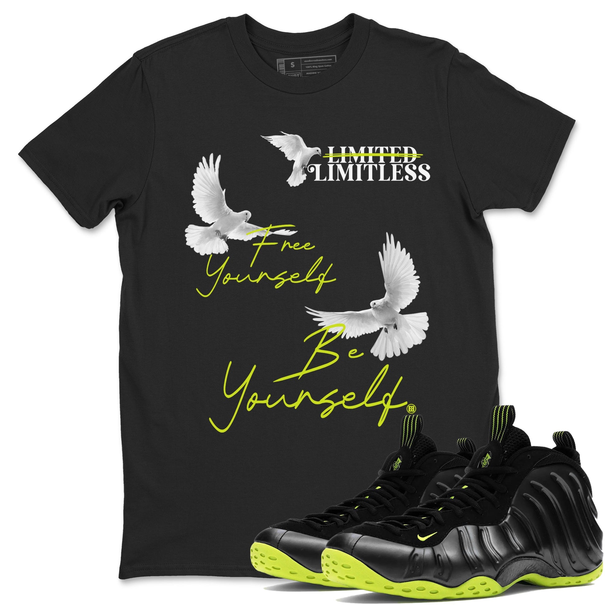 Foams One Black Volt shirts to match jordans Free Yourself Be Yourself sneaker match tees Air Foamposite One Black Volt match shoes to clothes SNRT Sneaker Tees unisex cotton Black 1 shirts