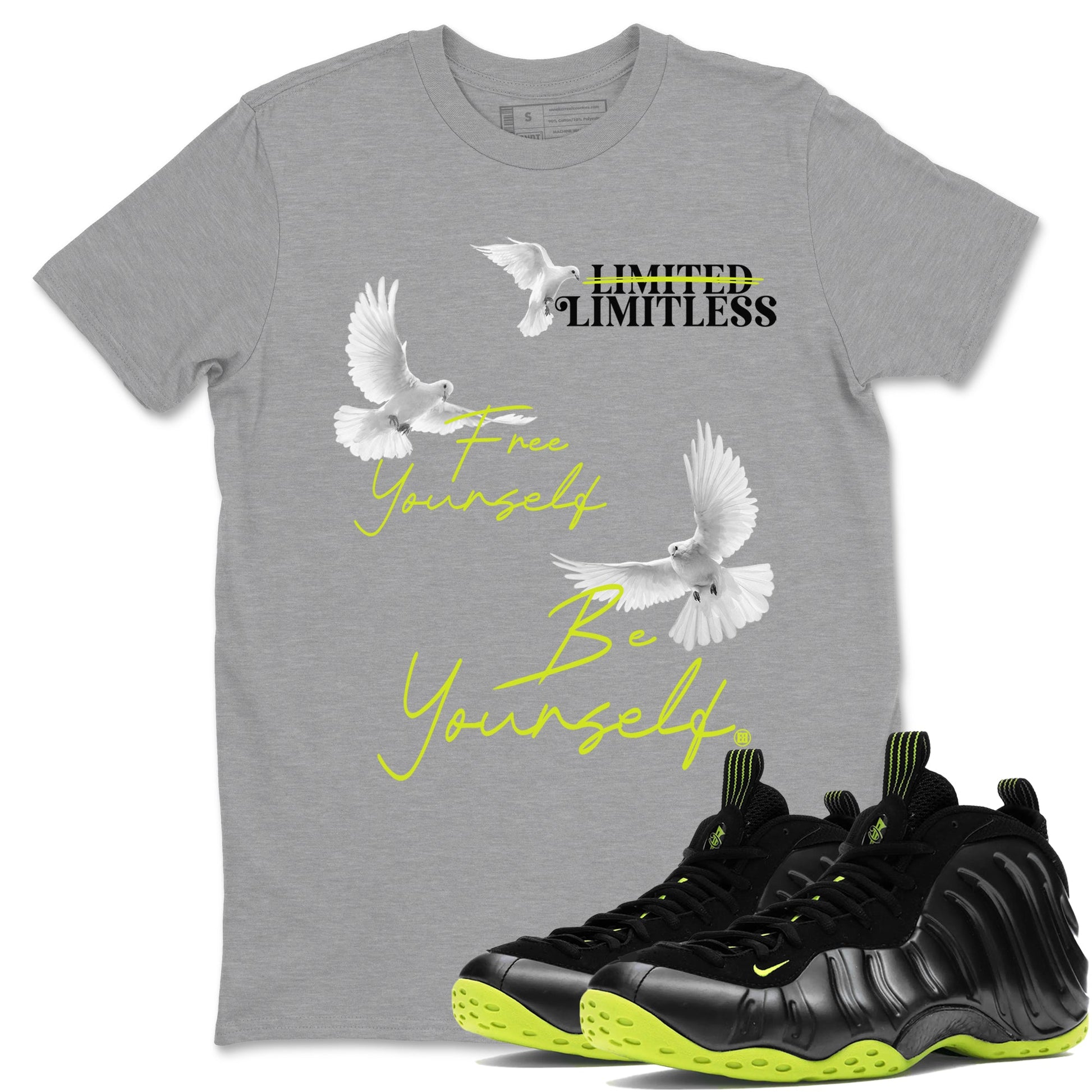 Foams One Black Volt shirts to match jordans Free Yourself Be Yourself sneaker match tees Air Foamposite One Black Volt match shoes to clothes SNRT Sneaker Tees unisex cotton Heather Grey 1 shirts