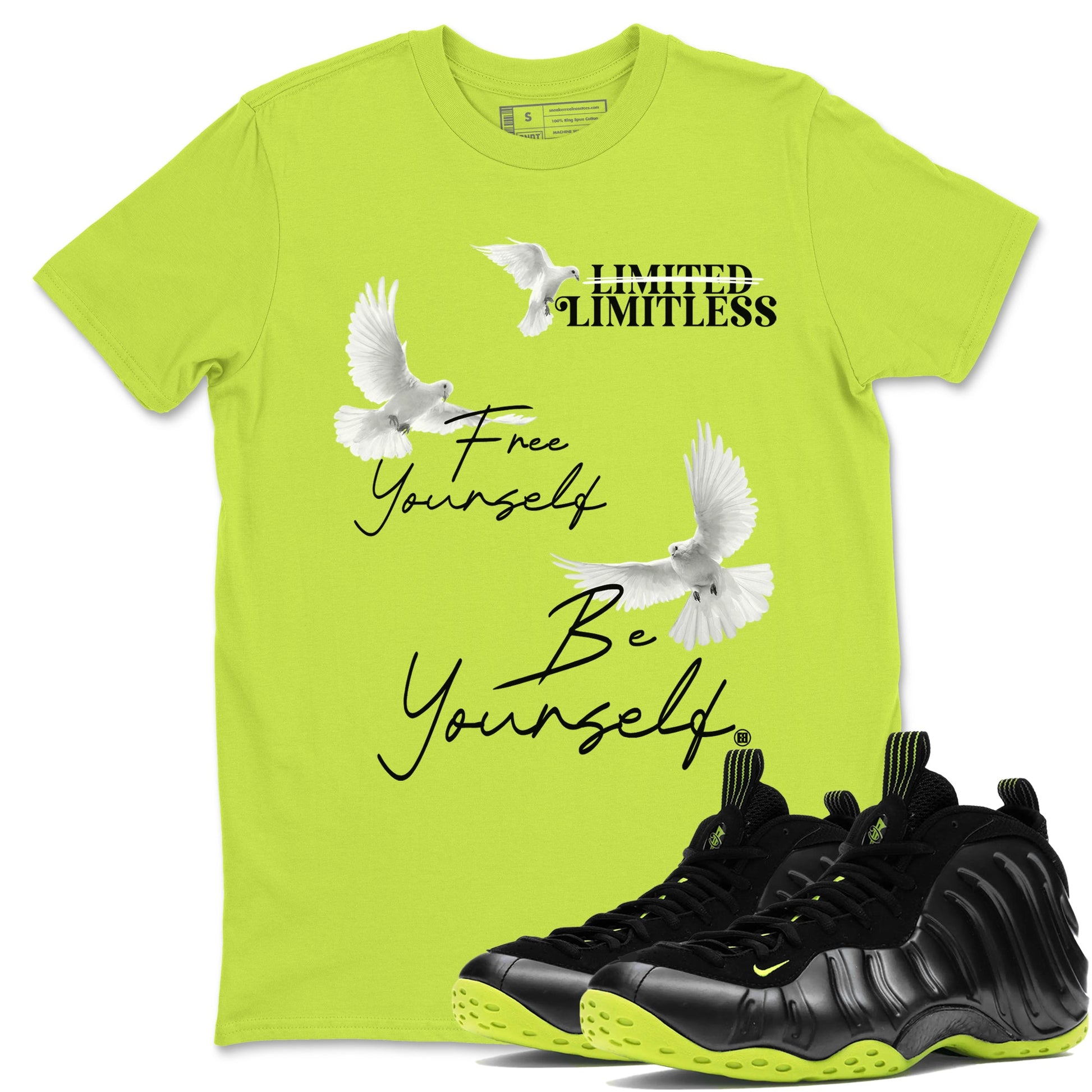 Foams One Black Volt shirts to match jordans Free Yourself Be Yourself sneaker match tees Air Foamposite One Black Volt match shoes to clothes SNRT Sneaker Tees unisex cotton Safety Green 1 shirts
