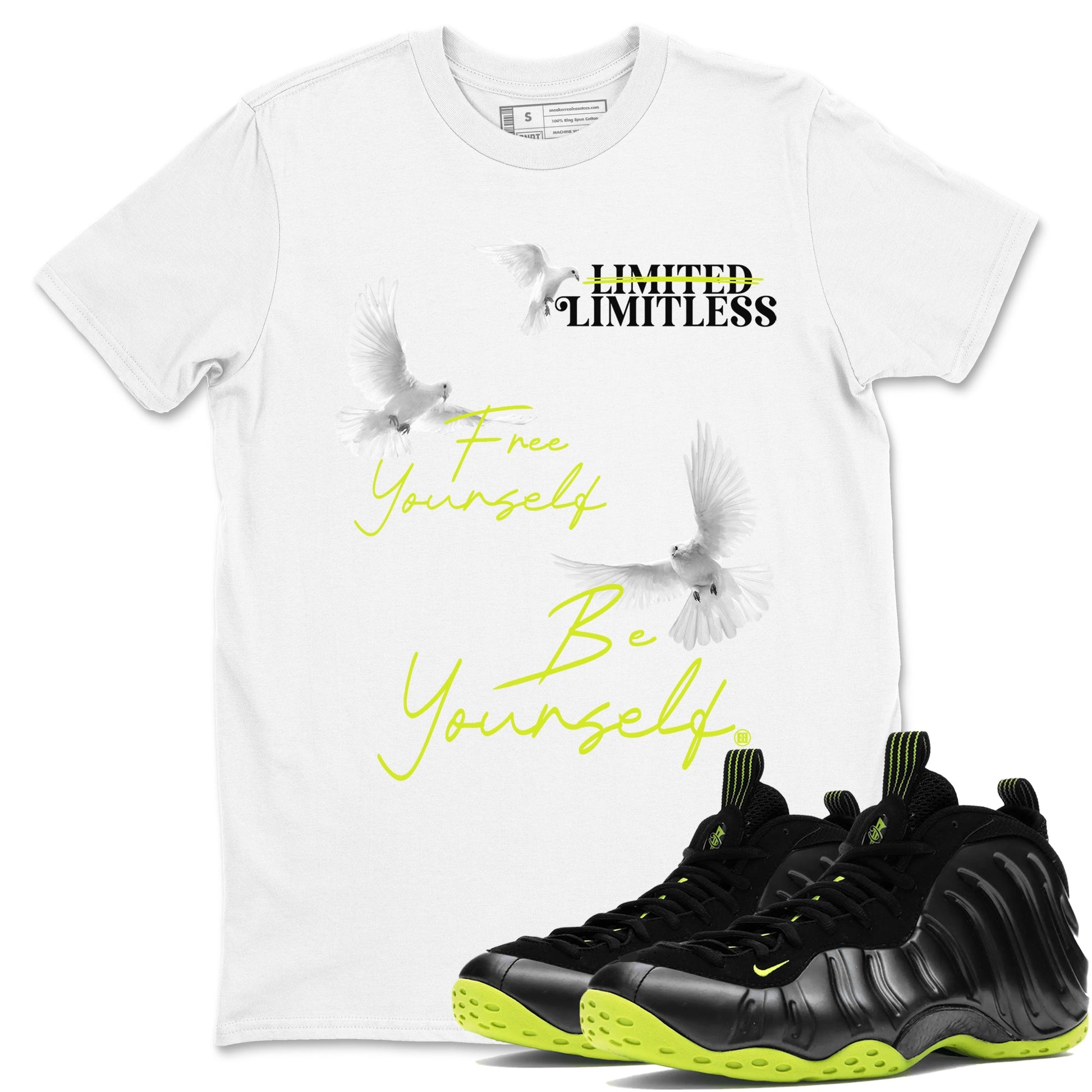 Foams One Black Volt shirts to match jordans Free Yourself Be Yourself sneaker match tees Air Foamposite One Black Volt match shoes to clothes SNRT Sneaker Tees unisex cotton White 1 shirts