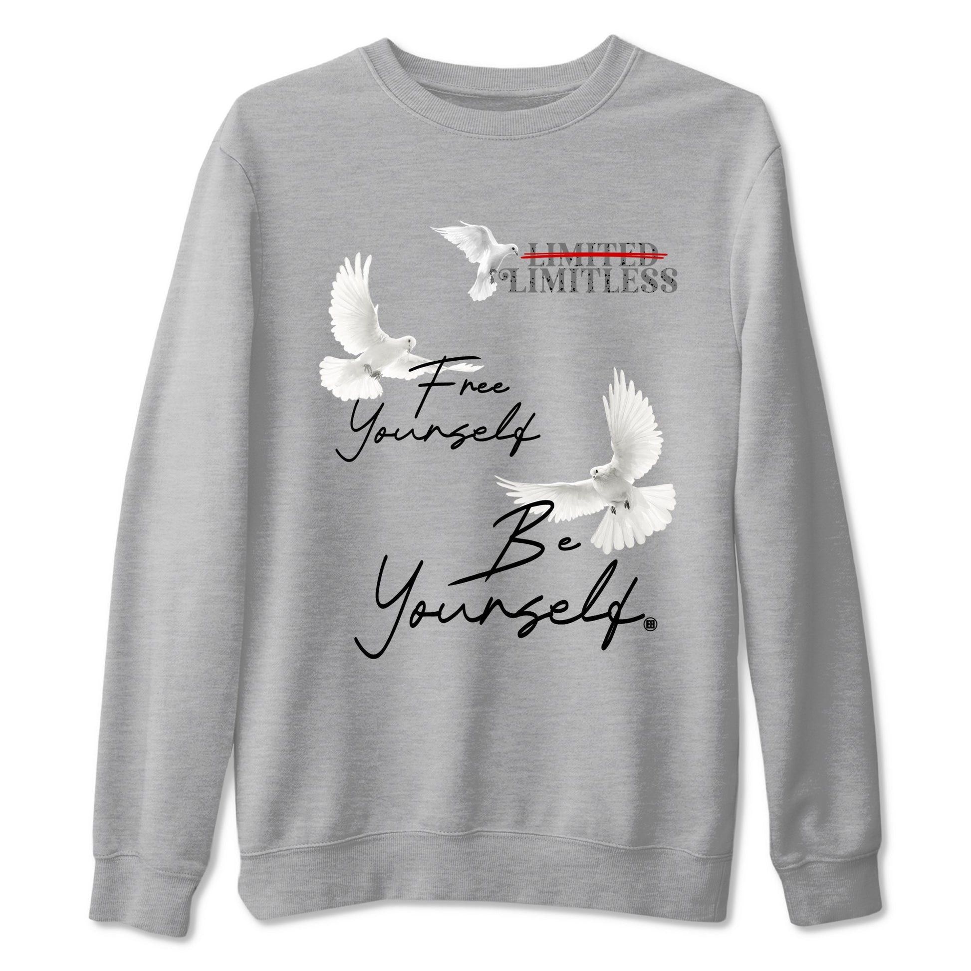 Free Yourself Be Yourself sneaker match t-shirt styled to complete your fit with the Air Jordan 4 White Cement sneakers, shown in Heather Grey 2.