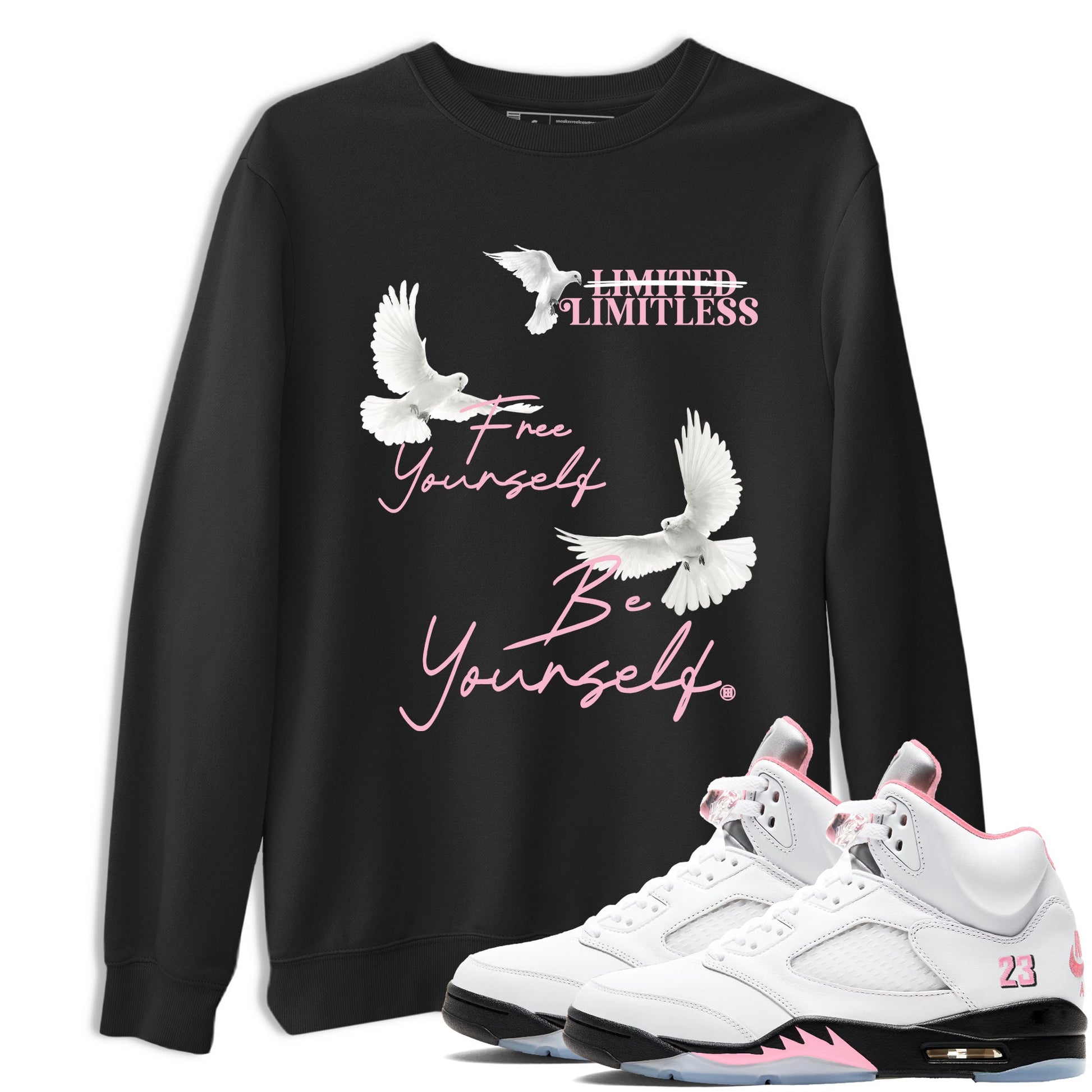 Free Yourself Be Yourself sneaker match t-shirt styled to complete your fit with the Air Jordan 5 35th Anniversary sneakers, shown in Black 1.