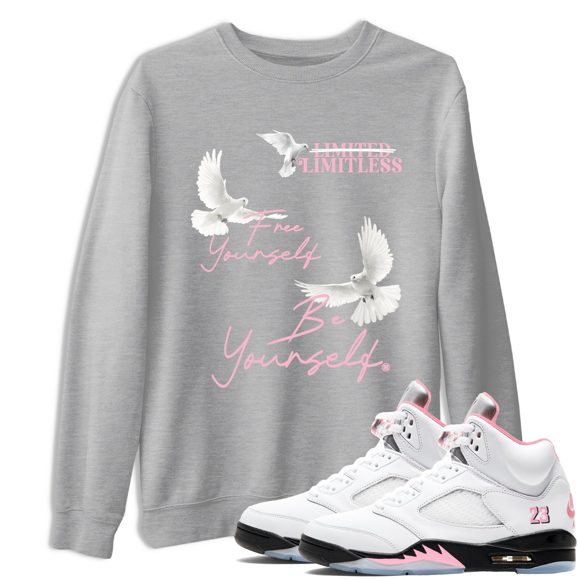 Free Yourself Be Yourself sneaker match t-shirt styled to complete your fit with the Air Jordan 5 35th Anniversary sneakers, shown in Heather Grey 1.