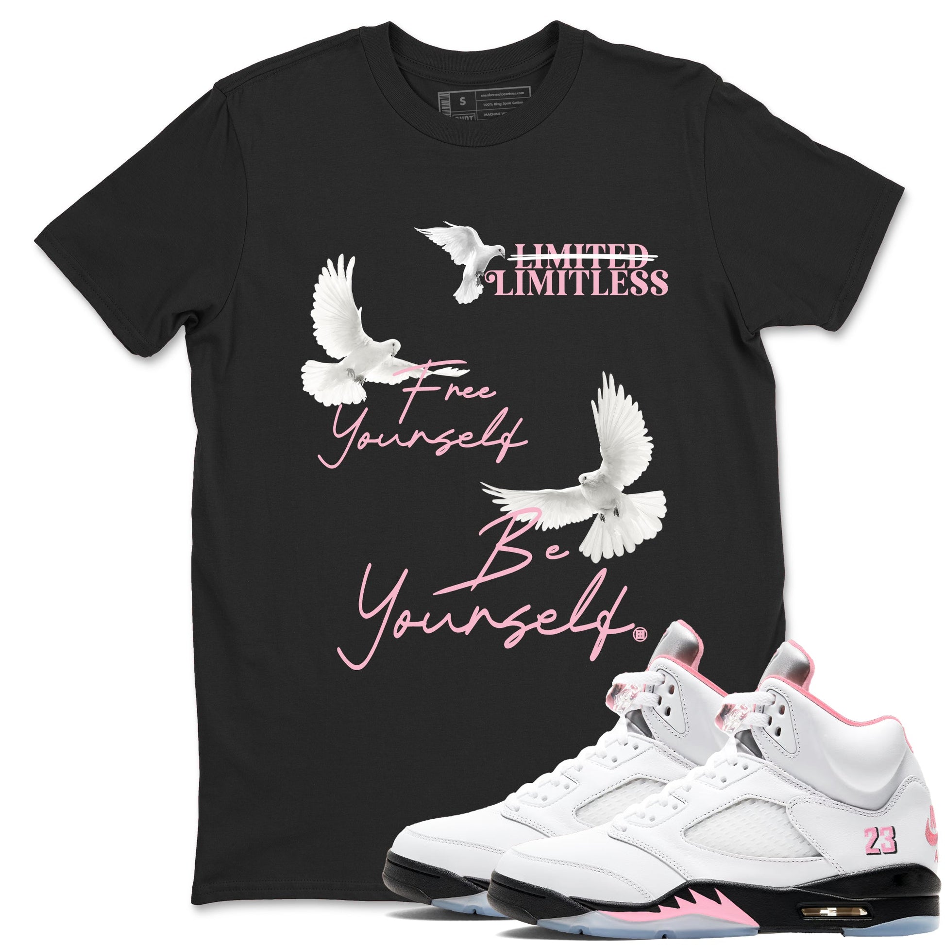 Free Yourself Be Yourself sneaker match t-shirt styled to complete your fit with the Air Jordan 5 35th Anniversary sneakers, shown in Black 1.