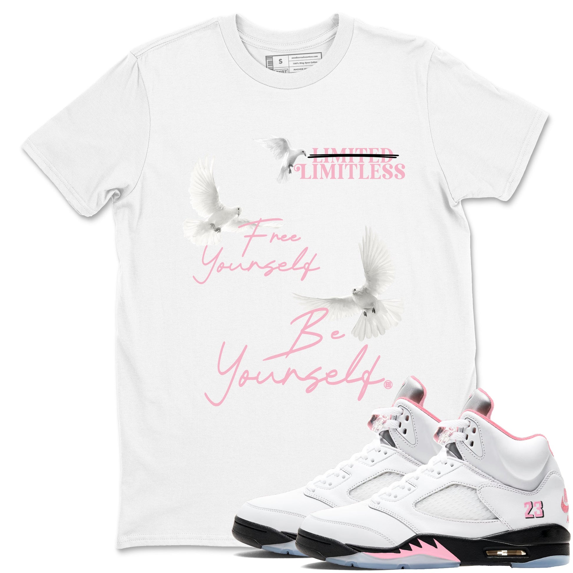Free Yourself Be Yourself sneaker match t-shirt styled to complete your fit with the Air Jordan 5 35th Anniversary sneakers, shown in White 1.