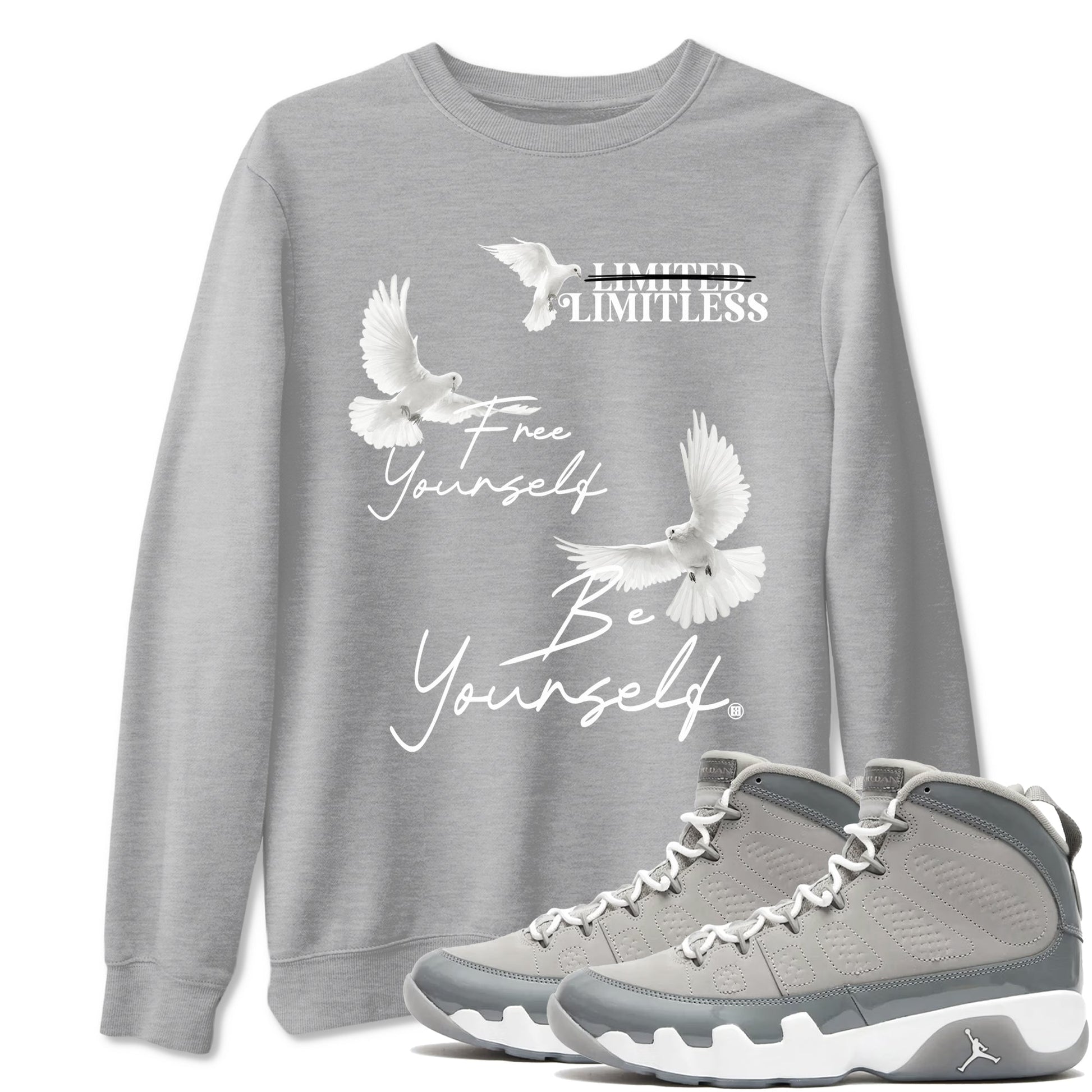 9s Cool Grey shirts to match jordans Free Yourself Be Yourself sneaker match tees Air Jordan 9 Cool Grey match shoes to clothes SNRT Sneaker Tees unisex cotton Heather Grey 1 shirts