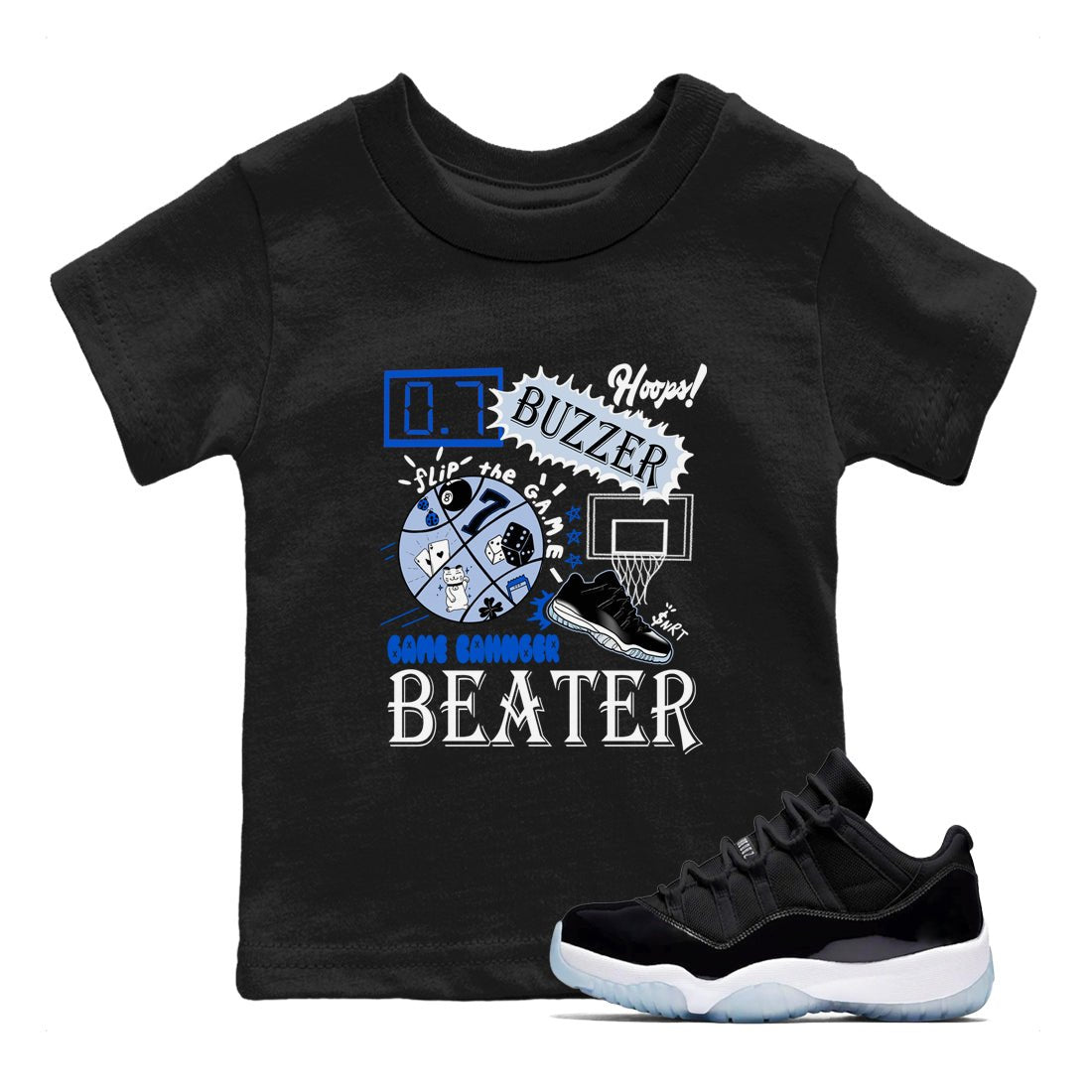 AJ11 Black and Varsity Royal shirt to match jordans Game Changer sneaker tees Air Jordan 11 Black and Varsity Royal SNRT sneaker release tees baby toddler Black 1 cotton Shirt