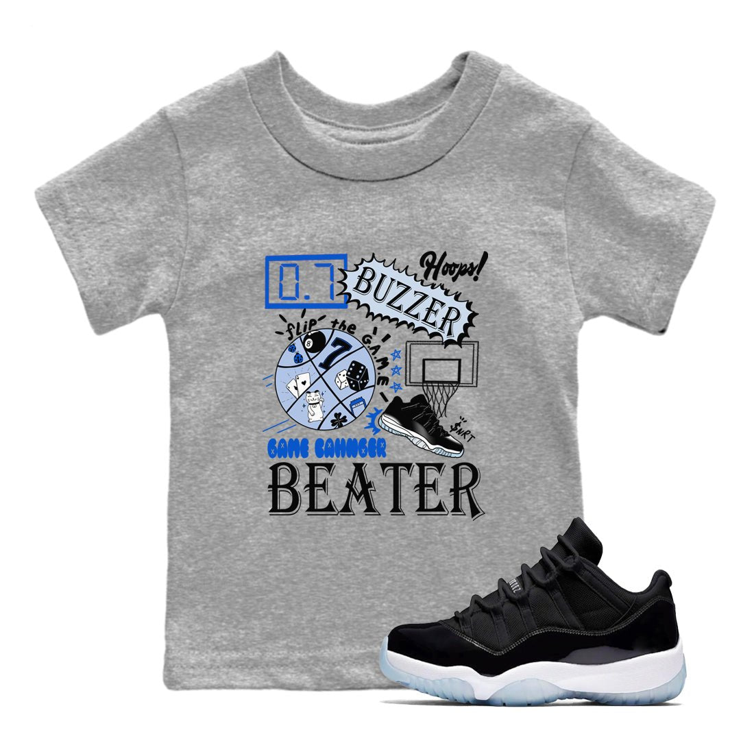 AJ11 Black and Varsity Royal shirt to match jordans Game Changer sneaker tees Air Jordan 11 Black and Varsity Royal SNRT sneaker release tees baby toddler Heather Grey 1 cotton Shirt