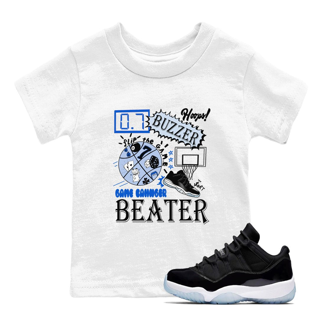 AJ11 Black and Varsity Royal shirt to match jordans Game Changer sneaker tees Air Jordan 11 Black and Varsity Royal SNRT sneaker release tees baby toddler White 1 cotton Shirt