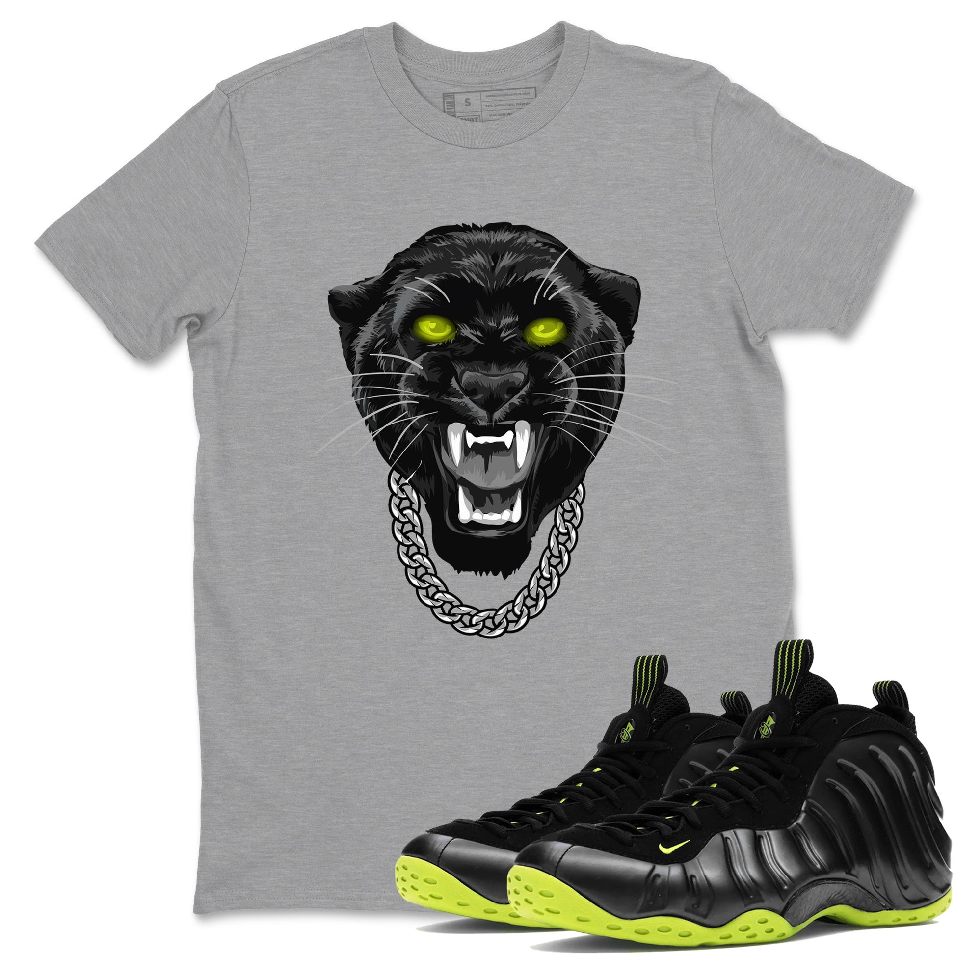 Foams One Black Volt shirts to match jordans Gangster Black Cat sneaker match tees Air Foamposite One Black and Volt match shoes to clothes SNRT Sneaker Tees unisex cotton Heather Grey 1 shirts