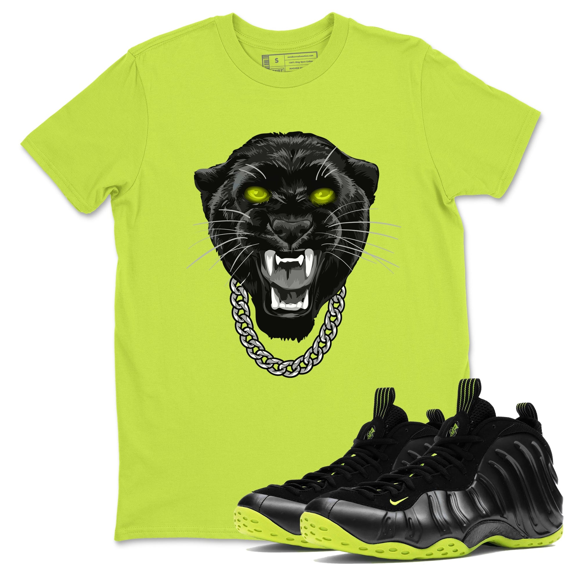 Foams One Black Volt shirts to match jordans Gangster Black Cat sneaker match tees Air Foamposite One Black and Volt match shoes to clothes SNRT Sneaker Tees unisex cotton Safety Green 1 shirts