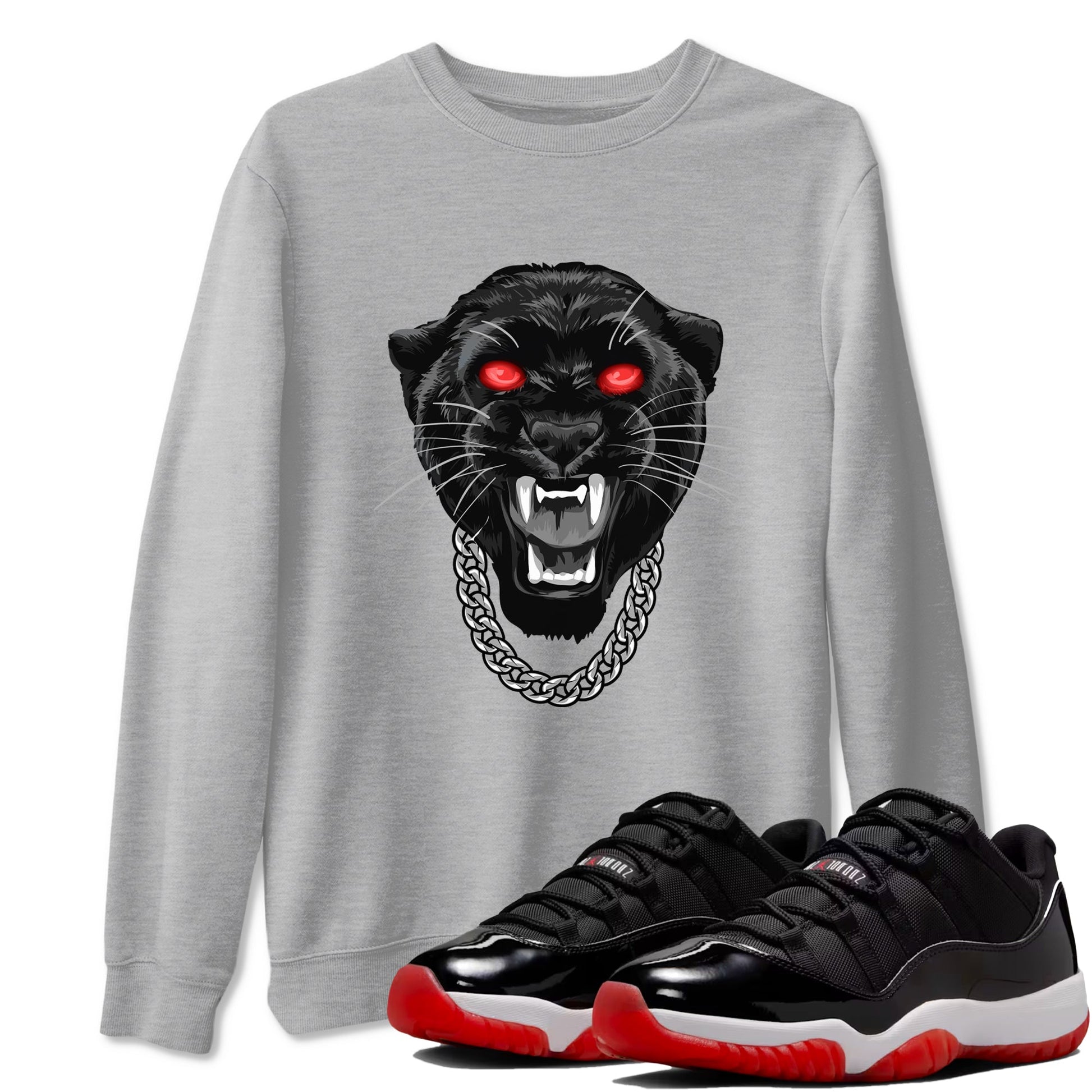 Air Jordan 11 Low Bred sneaker match tee Gangster Black Cat sneaker match tees Air Jordan 11 Bred best t-shirts to match jordans SNRT Sneaker Tees unisex cotton Heather Grey 1 shirts