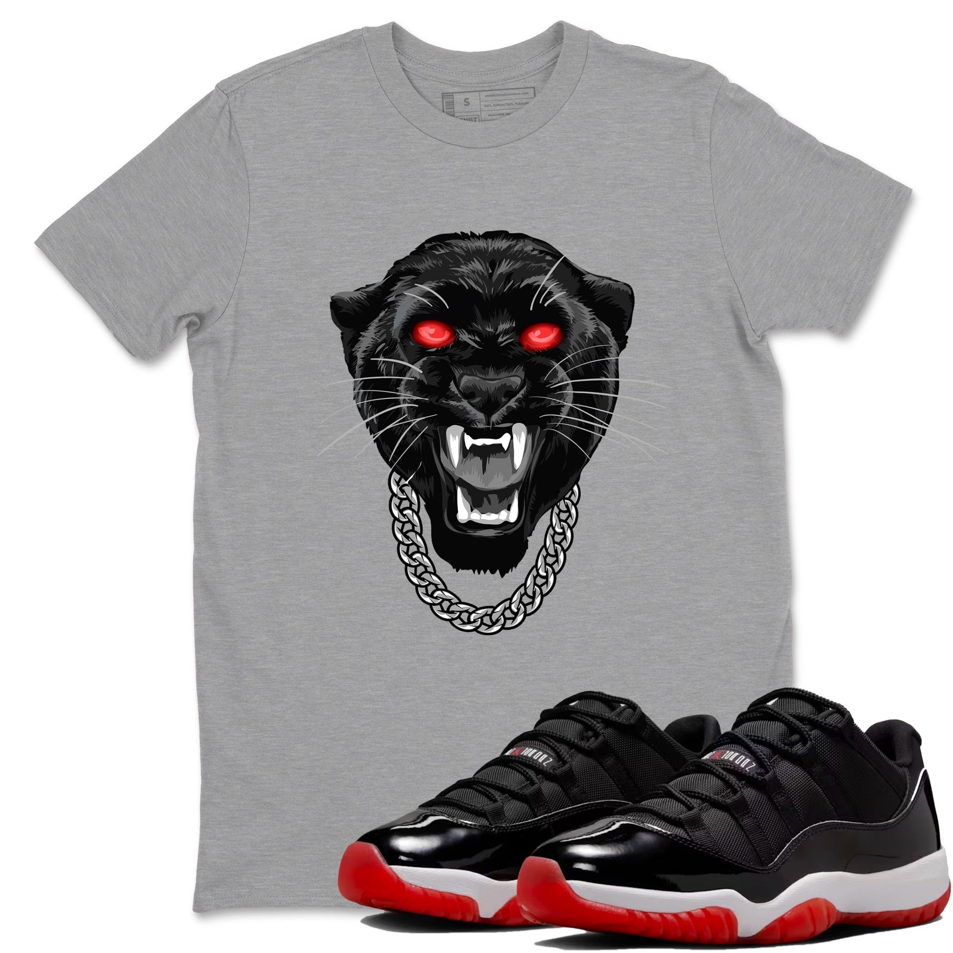 Air Jordan 11 Low Bred sneaker match tee Gangster Black Cat sneaker match tees Air Jordan 11 Bred best t-shirts to match jordans SNRT Sneaker Tees unisex cotton Heather Grey 1 shirts