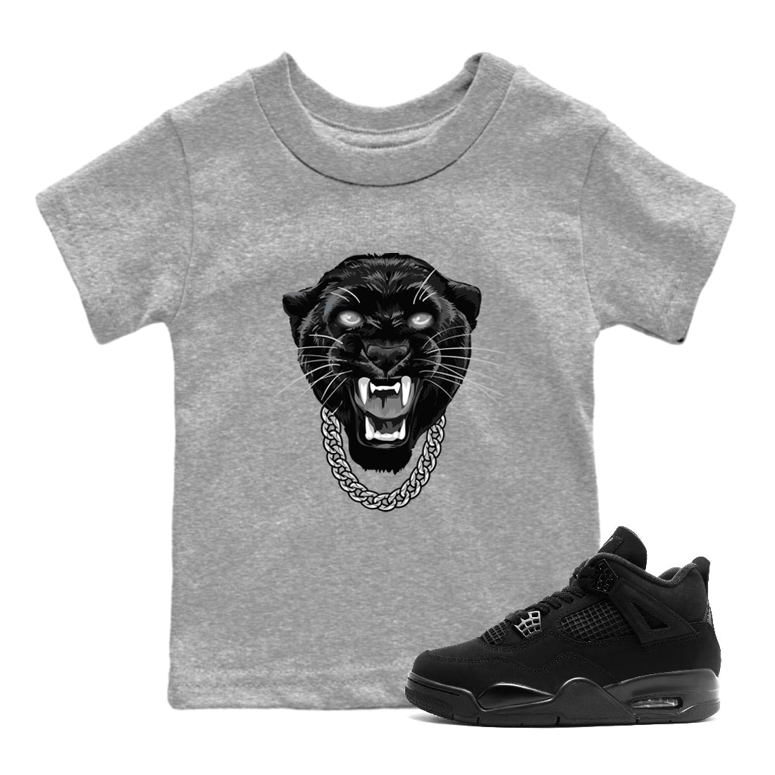 4s Black Cat Sneaker match tees – Sneaker Tees To Match Air Jordan 4 Black Cat Shoes – Gangster Black Cat Kids T-Shirt Heather Grey 1