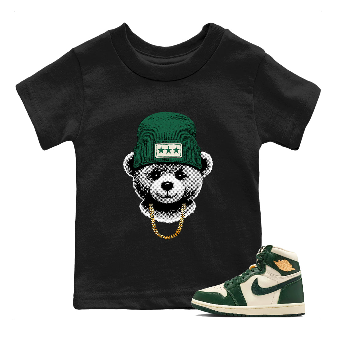 Sneaker Threads – Sneaker Tees To Match Air Jordan 1 Pro Green – Gangster Teddy Youth Graphic Tee Black 1. Perfect for Jordan releases 2025 colorways.