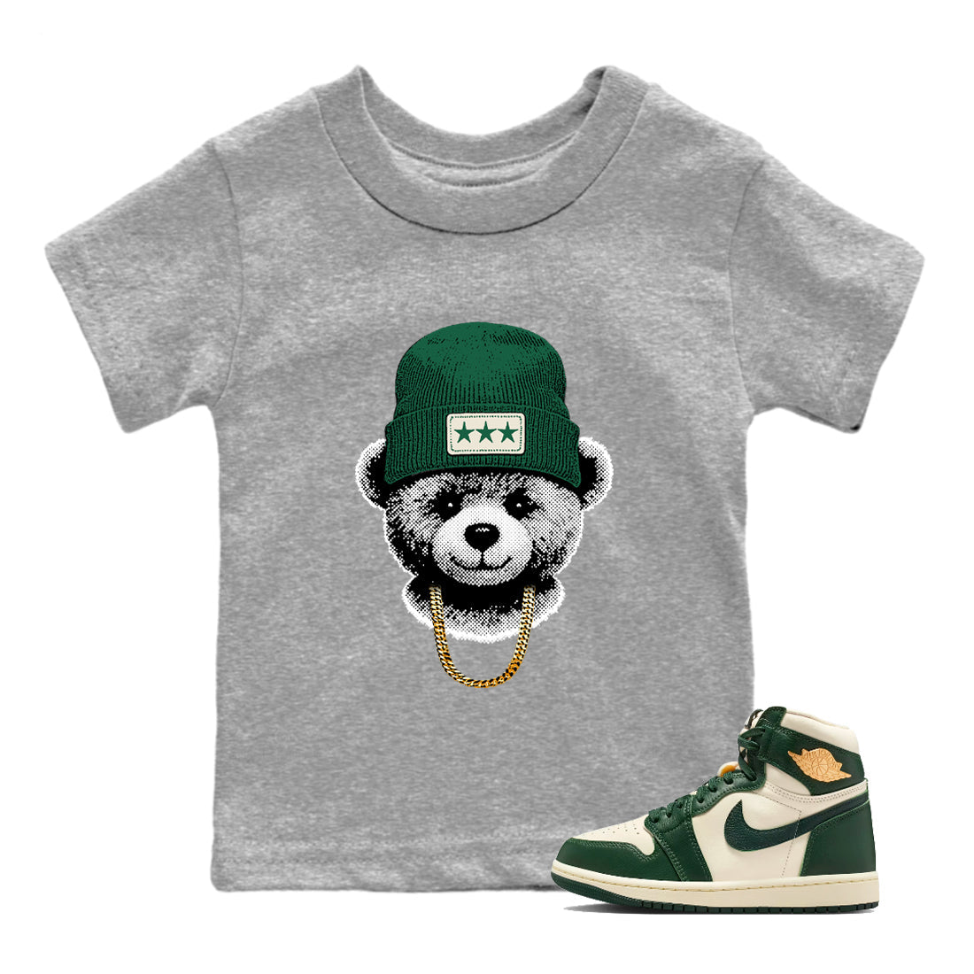 Sneaker Threads – Sneaker Tees To Match Air Jordan 1 Pro Green – Gangster Teddy Youth Graphic Tee Heather Grey 1. Perfect for Jordan releases 2025 colorways.