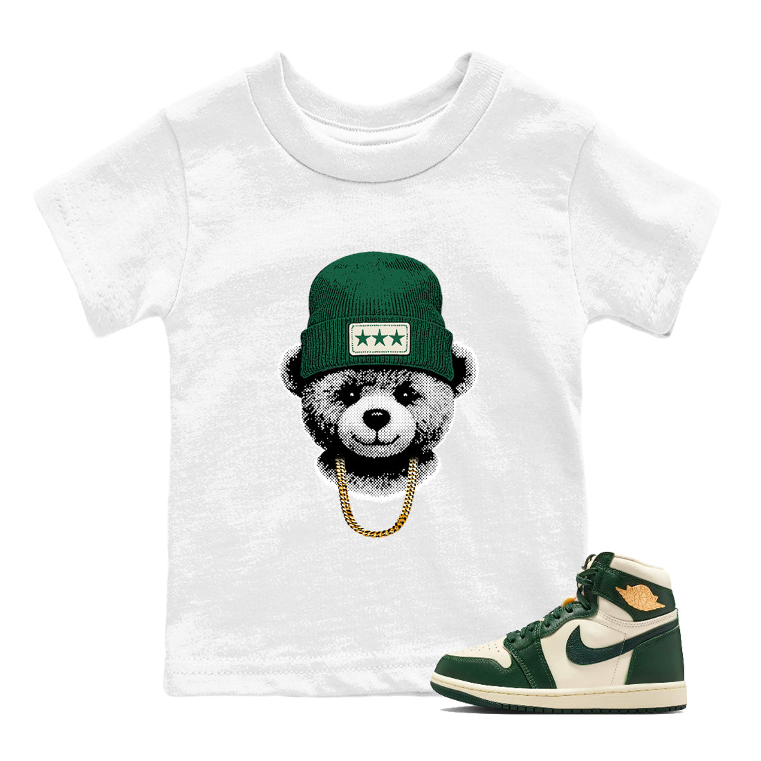 Sneaker Threads – Sneaker Tees To Match Air Jordan 1 Pro Green – Gangster Teddy Youth Graphic Tee White 1. Perfect for Jordan releases 2025 colorways.
