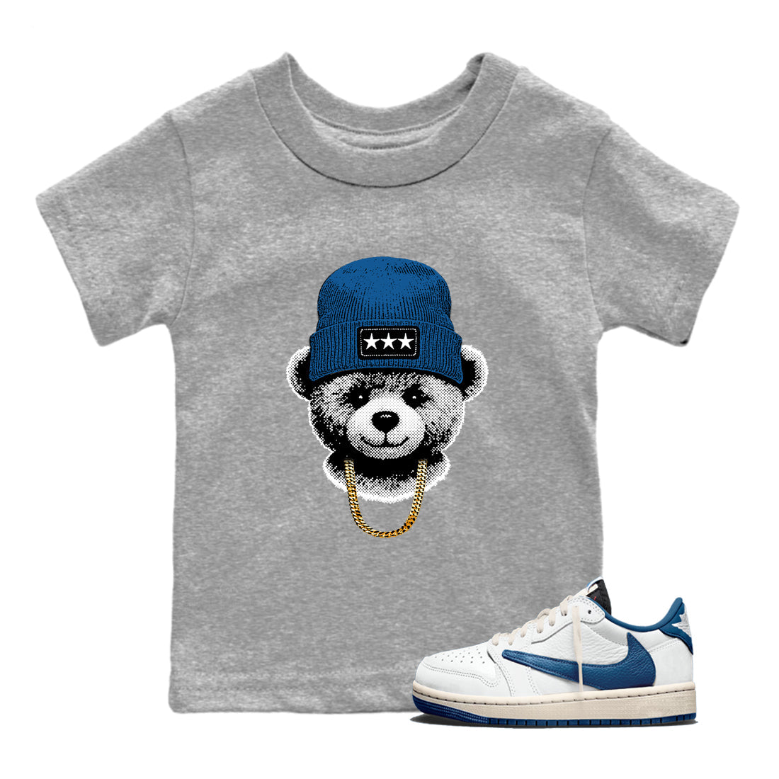 Sneaker tee, Streetwear Brand – Shirts To Match Air Jordan 1 Travis Scott x Fragment Sneakers – Gangster Teddy Kids, Baby Graphic T-Shirt Heather Grey 1