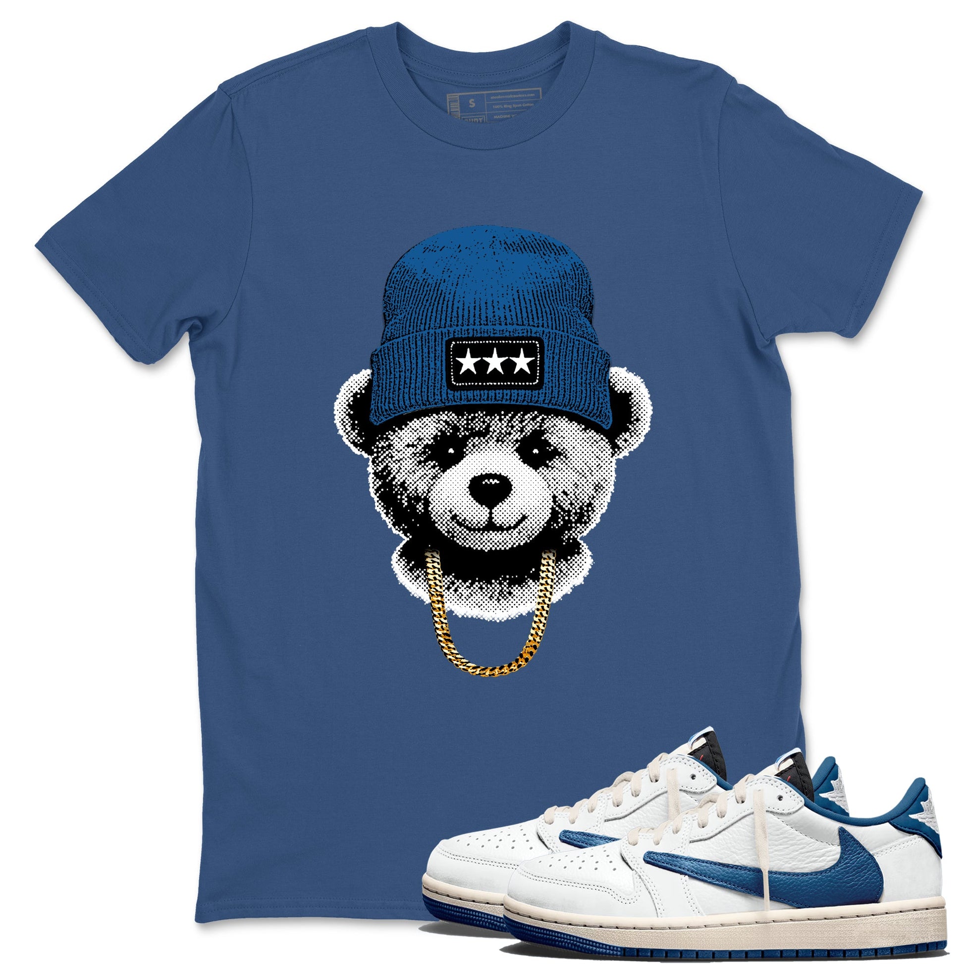 Sneaker tee, Streetwear Brand – Shirts To Match Air Jordan 1 Travis Scott x Fragment Sneakers – Gangster Teddy Graphic Tee Denim Blue 1
