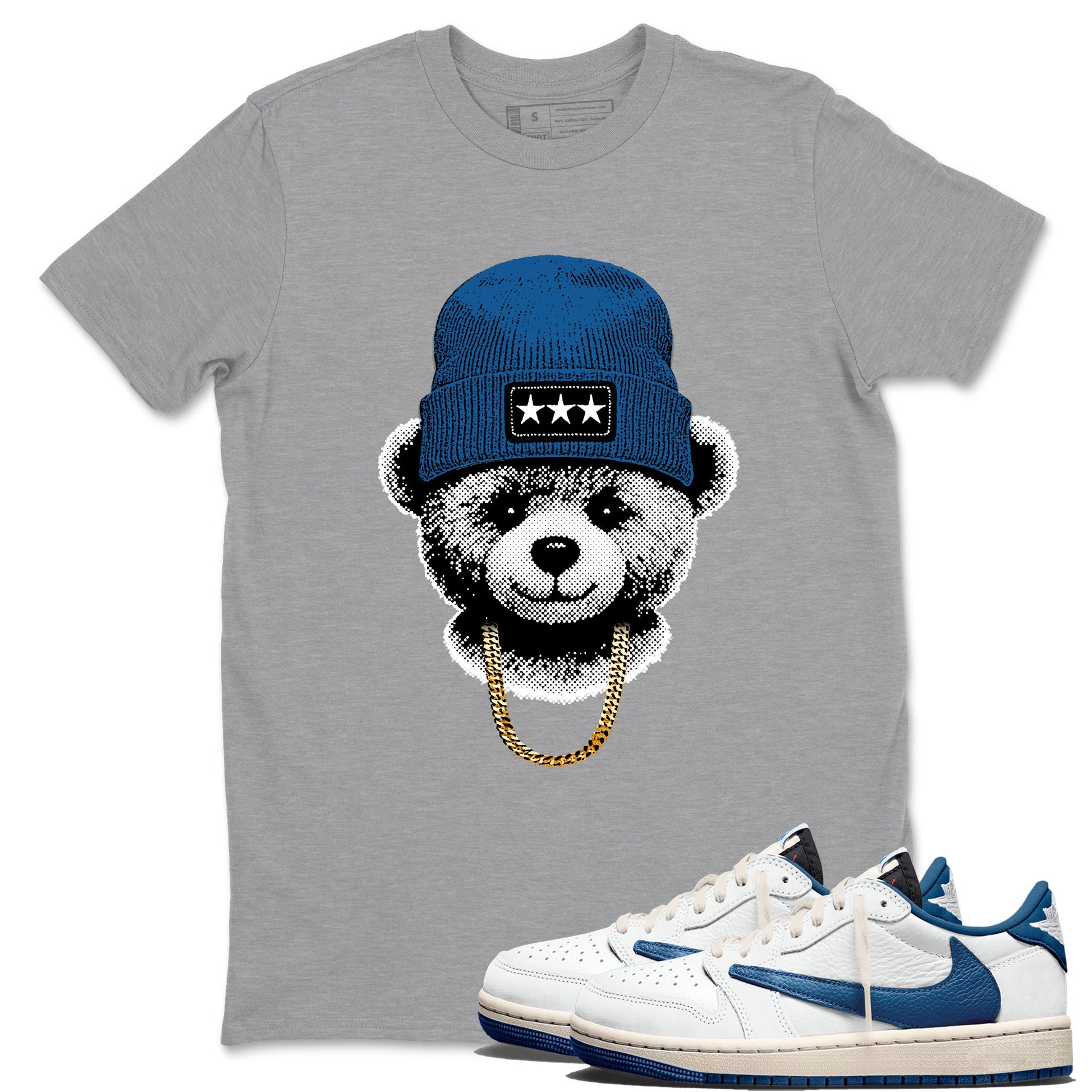 Sneaker tee, Streetwear Brand – Shirts To Match Air Jordan 1 Travis Scott x Fragment Sneakers – Gangster Teddy Graphic Tee Heather Grey 1