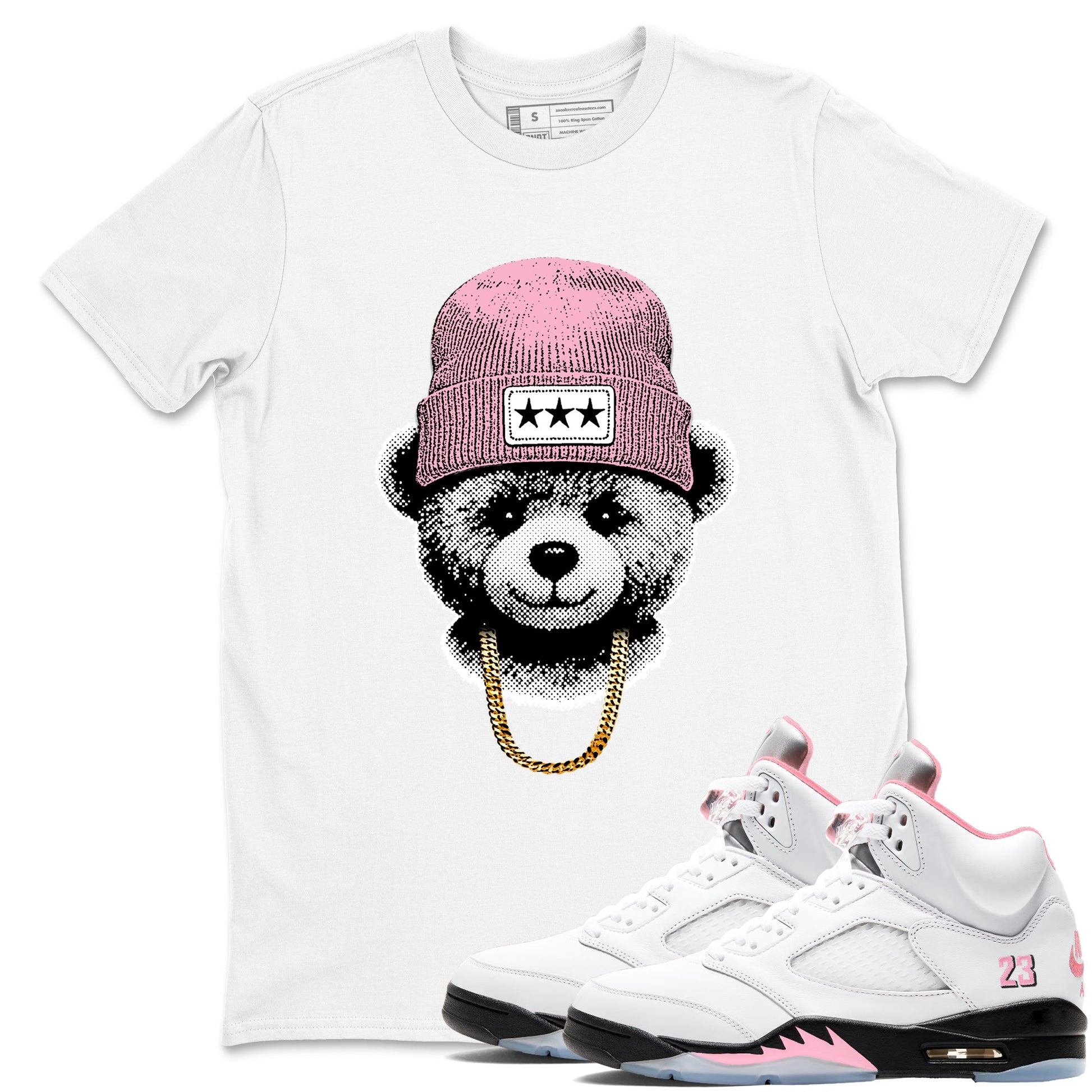 Sneaker tee, Streetwear Brand – Shirts To Match Air Jordan 5 35th Anniversary Sneakers – Gangster Teddy Graphic Tee White 1