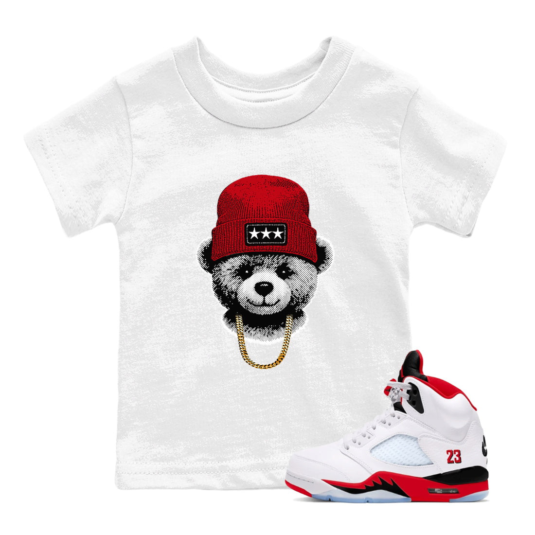 Sneaker tee, Streetwear Brand – Shirts To Match Air Jordan 5 Fire Red Sneakers – Gangster Teddy Kids, Baby Graphic T-Shirt White 1