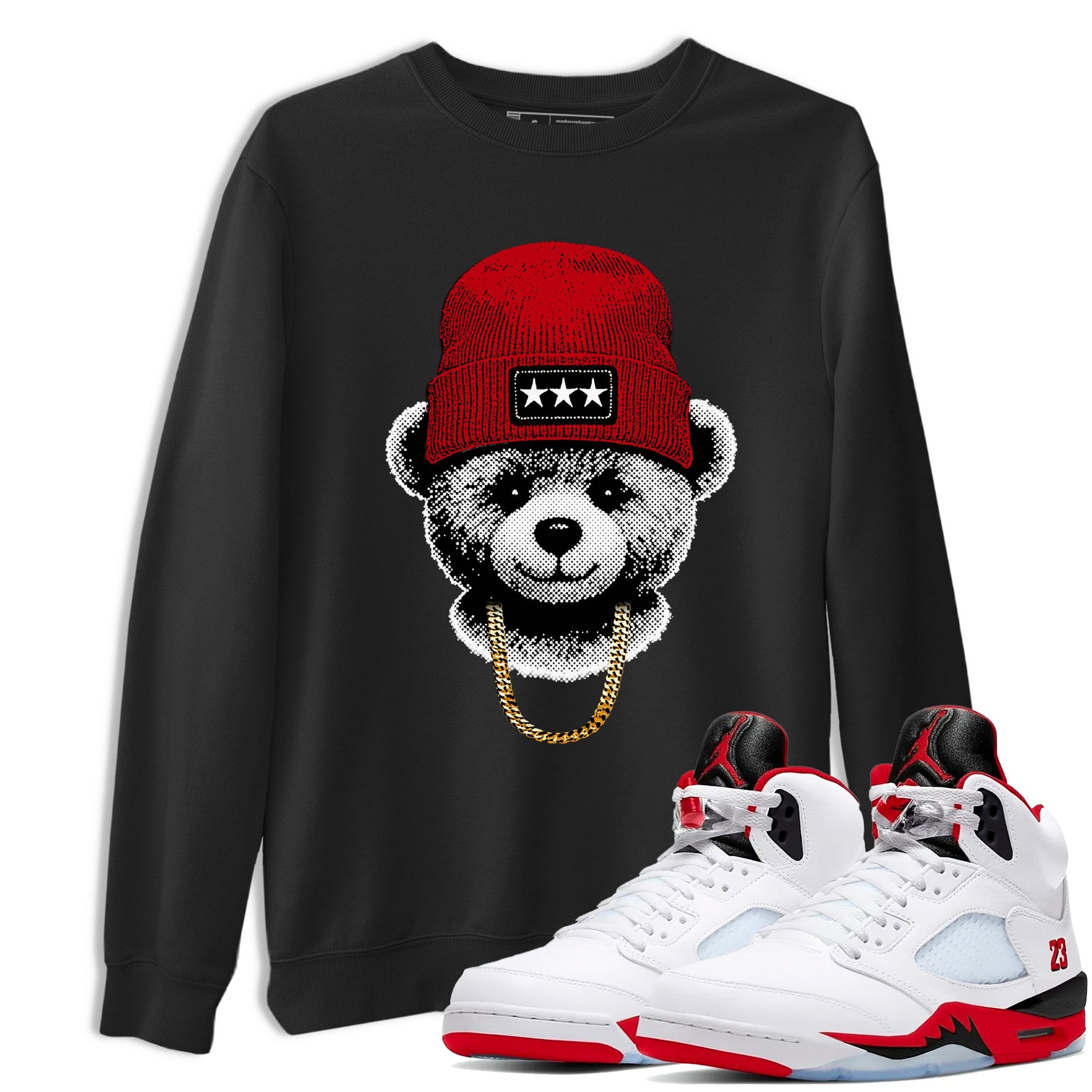 Sneaker tee, Streetwear Brand – Shirts To Match Air Jordan 5 Fire Red Sneakers – Gangster Teddy Graphic Tee Black 1