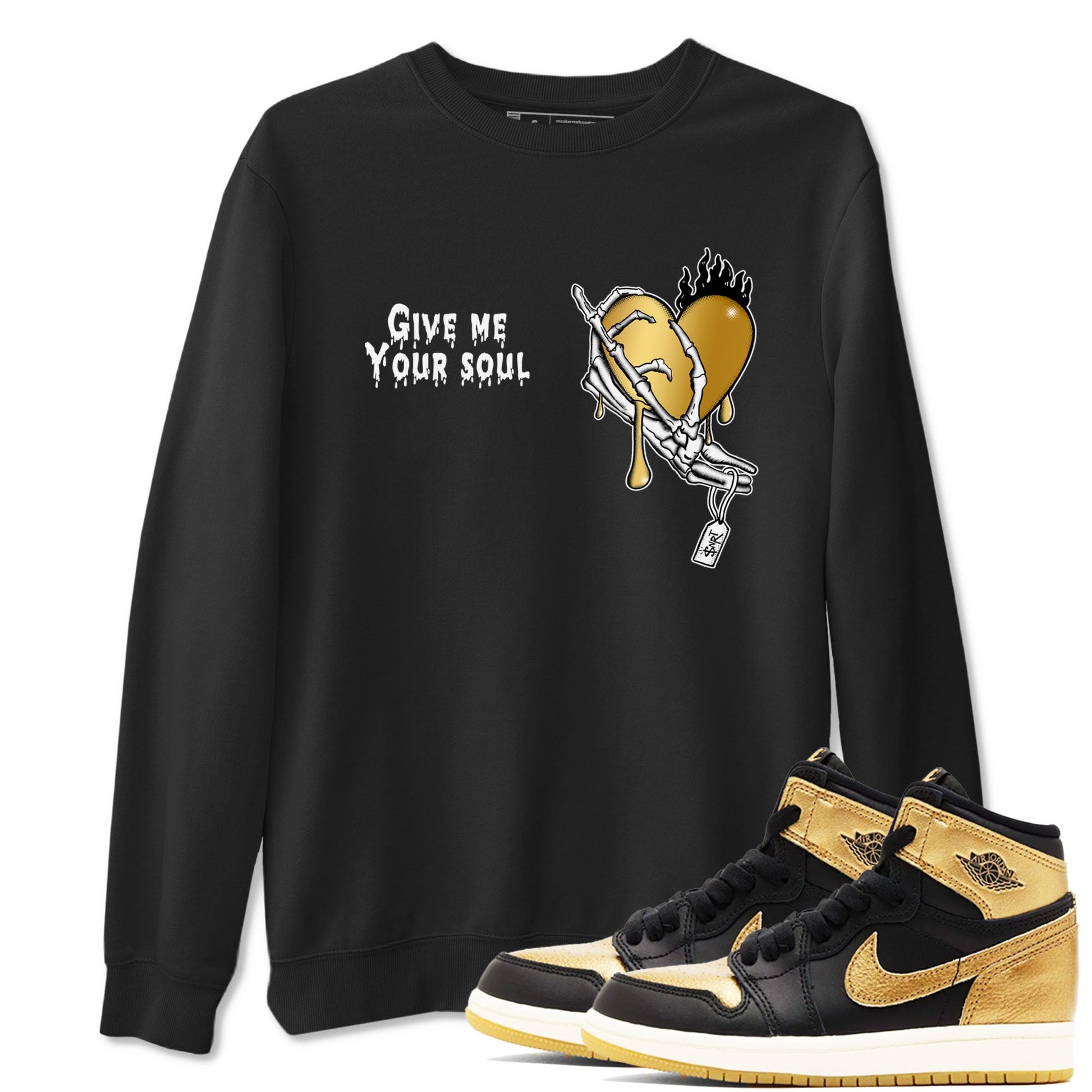 1s Black Metallic Gold shirts to match jordans Give Me Your Soul unique Halloween sneaker tee Jordan 1 High OG Black and Gold SNRT Sneaker Release Tees unisex cotton Black 1 crew neck shirts