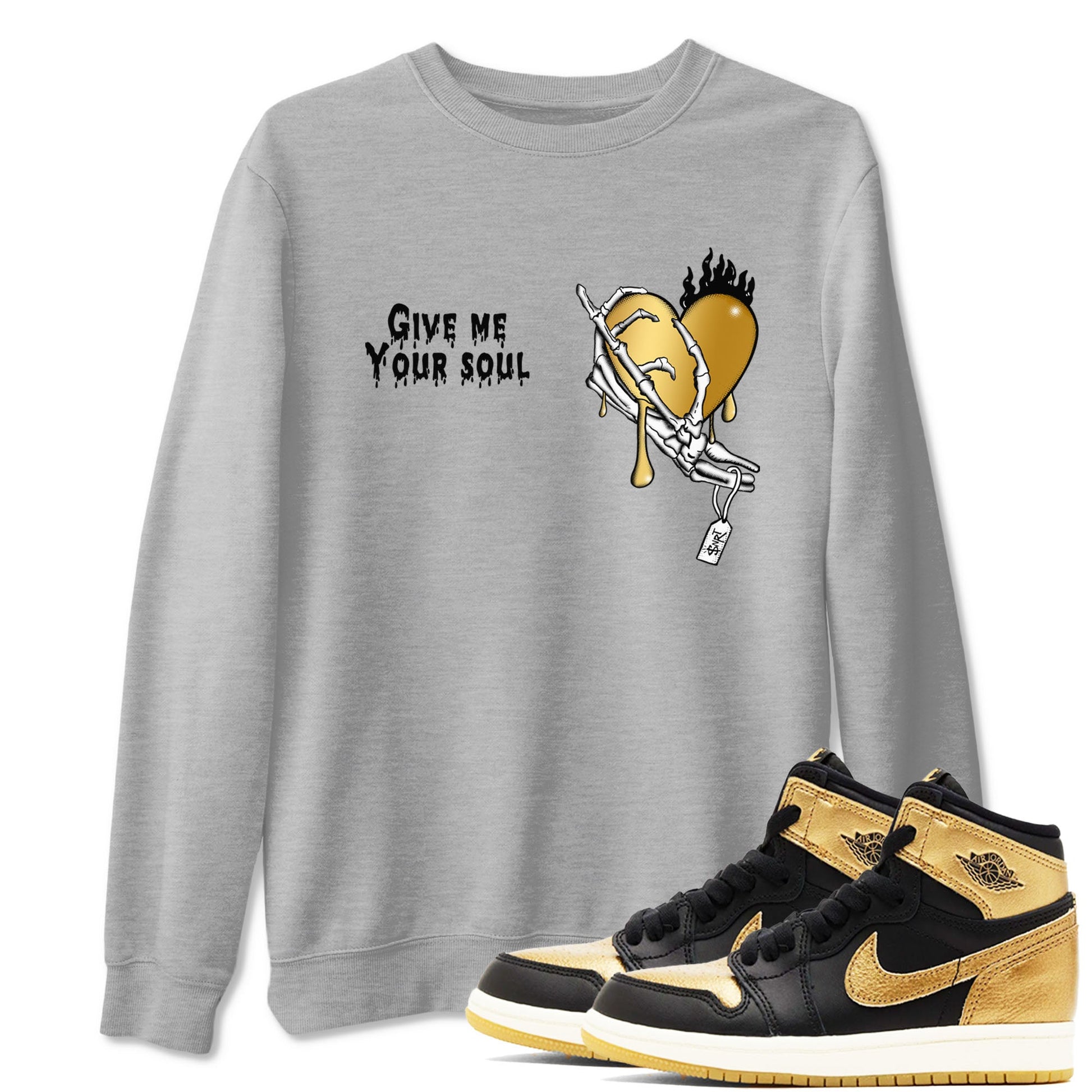 1s Black Metallic Gold shirts to match jordans Give Me Your Soul unique Halloween sneaker tee Jordan 1 High OG Black and Gold SNRT Sneaker Release Tees unisex cotton Heather Grey 1 crew neck shirts