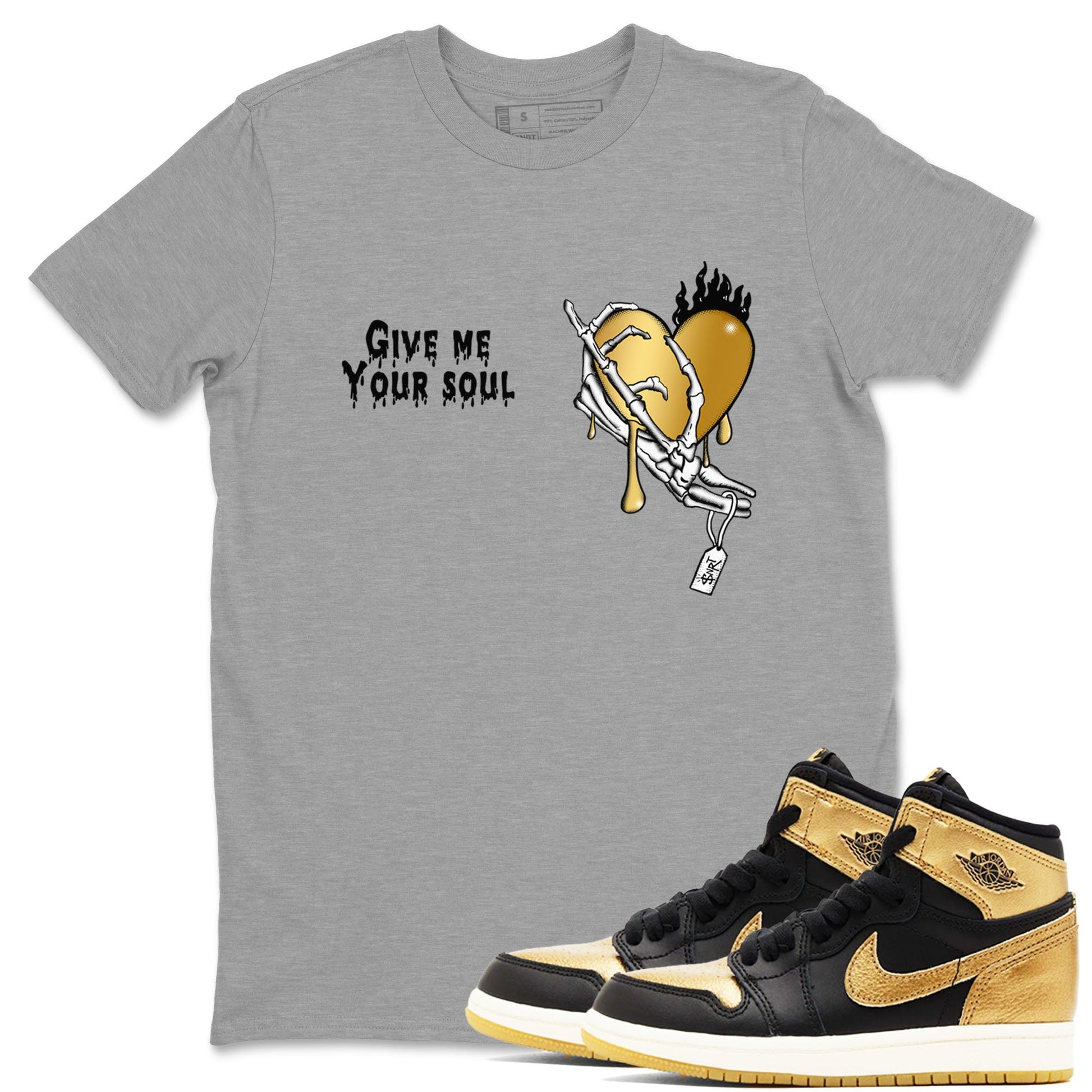 1s Black Metallic Gold shirts to match jordans Give Me Your Soul unique Halloween sneaker tee Jordan 1 High OG Black and Gold SNRT Sneaker Release Tees unisex cotton Heather Grey 1 crew neck shirts