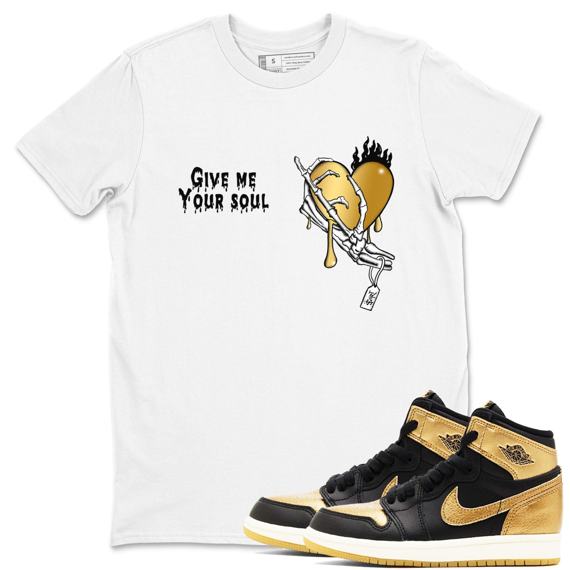 1s Black Metallic Gold shirts to match jordans Give Me Your Soul unique Halloween sneaker tee Jordan 1 High OG Black and Gold SNRT Sneaker Release Tees unisex cotton White 1 crew neck shirts
