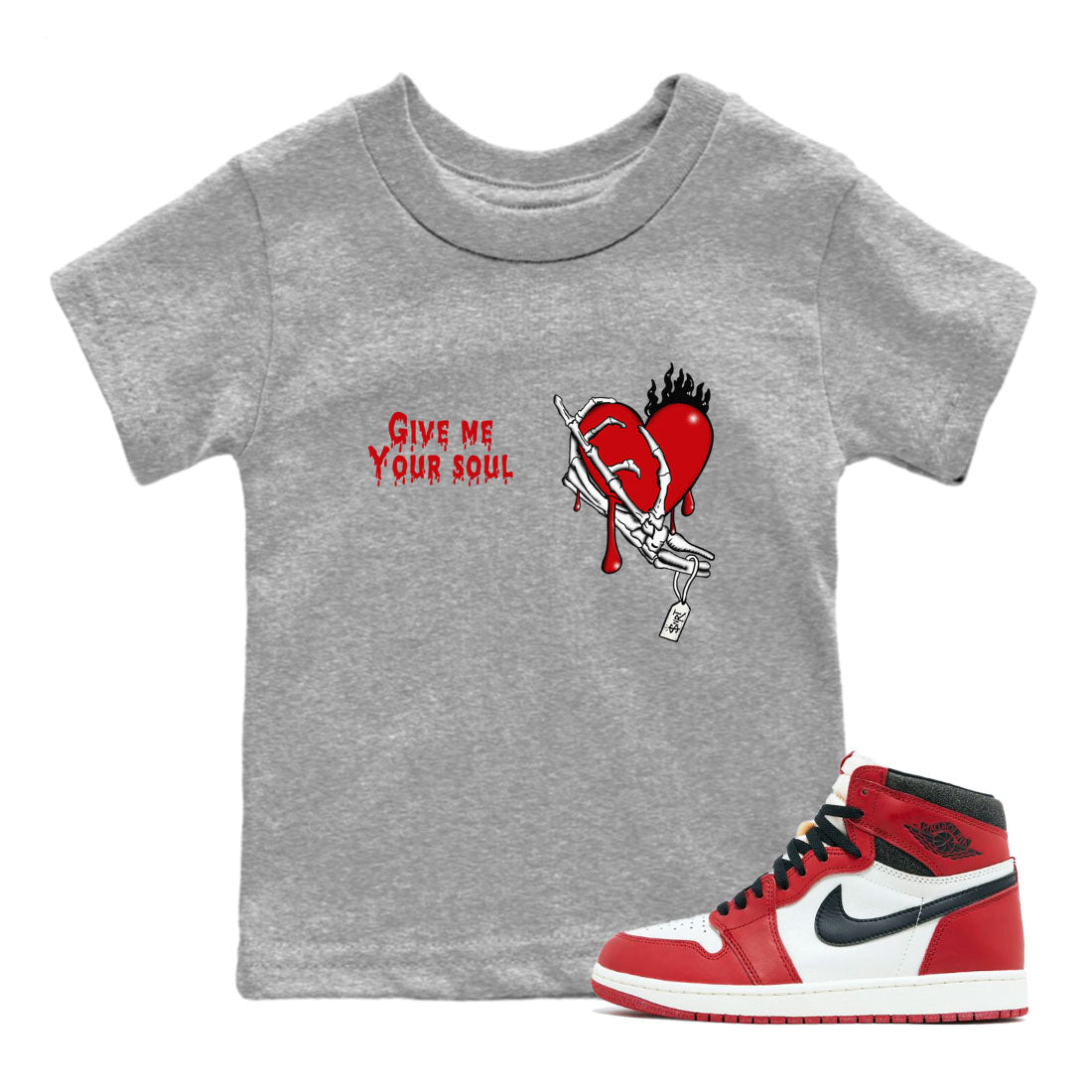 1s Lost & Found shirts to match jordans Give Me Your Soul unique Halloween sneaker tee Air Jordan 1 Lost & Found SNRT Sneaker Release Tees Youth Baby Heather Grey 1 crew neck shirts