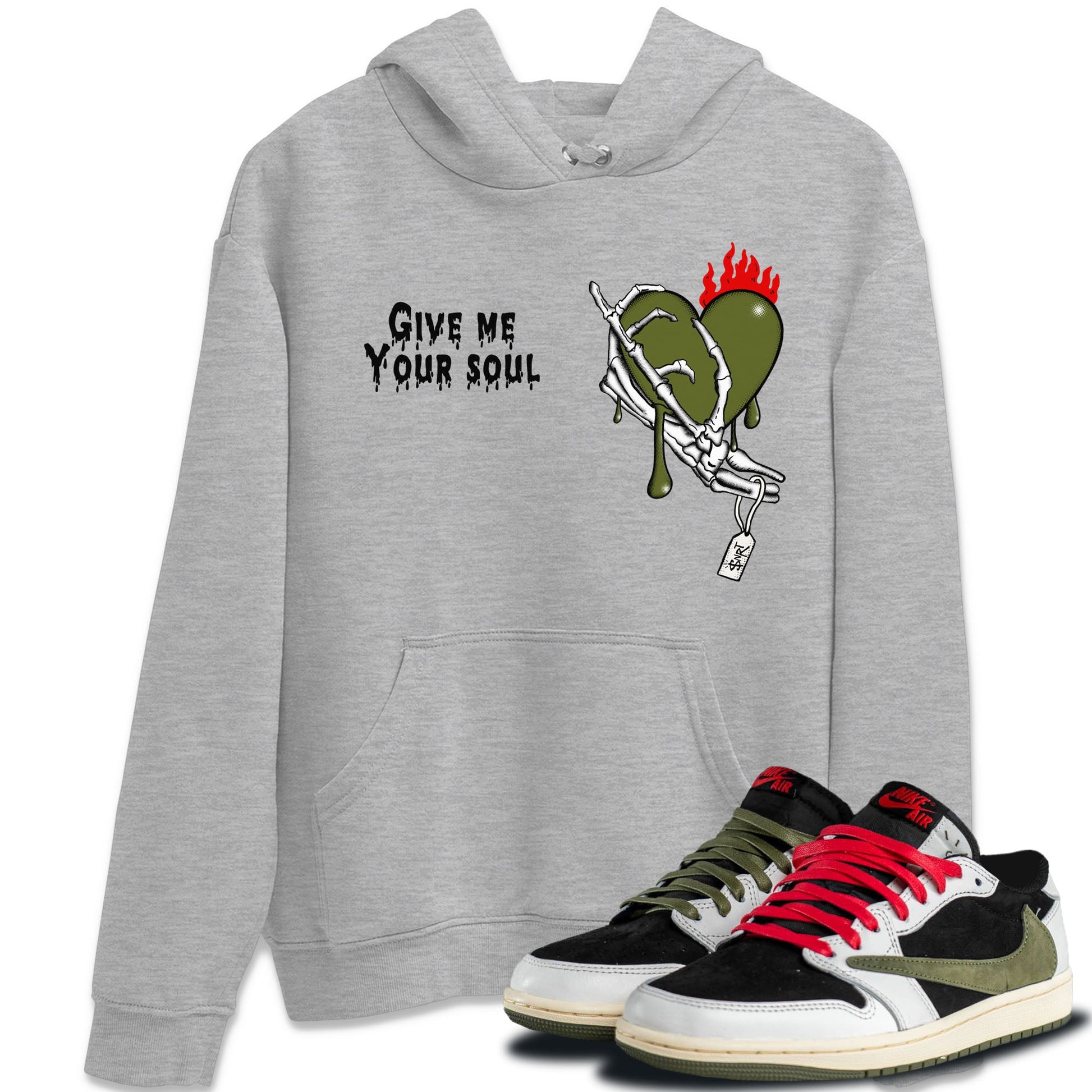 1s Travis Scott Olive shirts to match jordans Give Me Your Soul unique Halloween sneaker tee Air Jordan 1 Travis Scott Olive SNRT Sneaker Release Tees unisex cotton Heather Grey 1 crew neck shirts