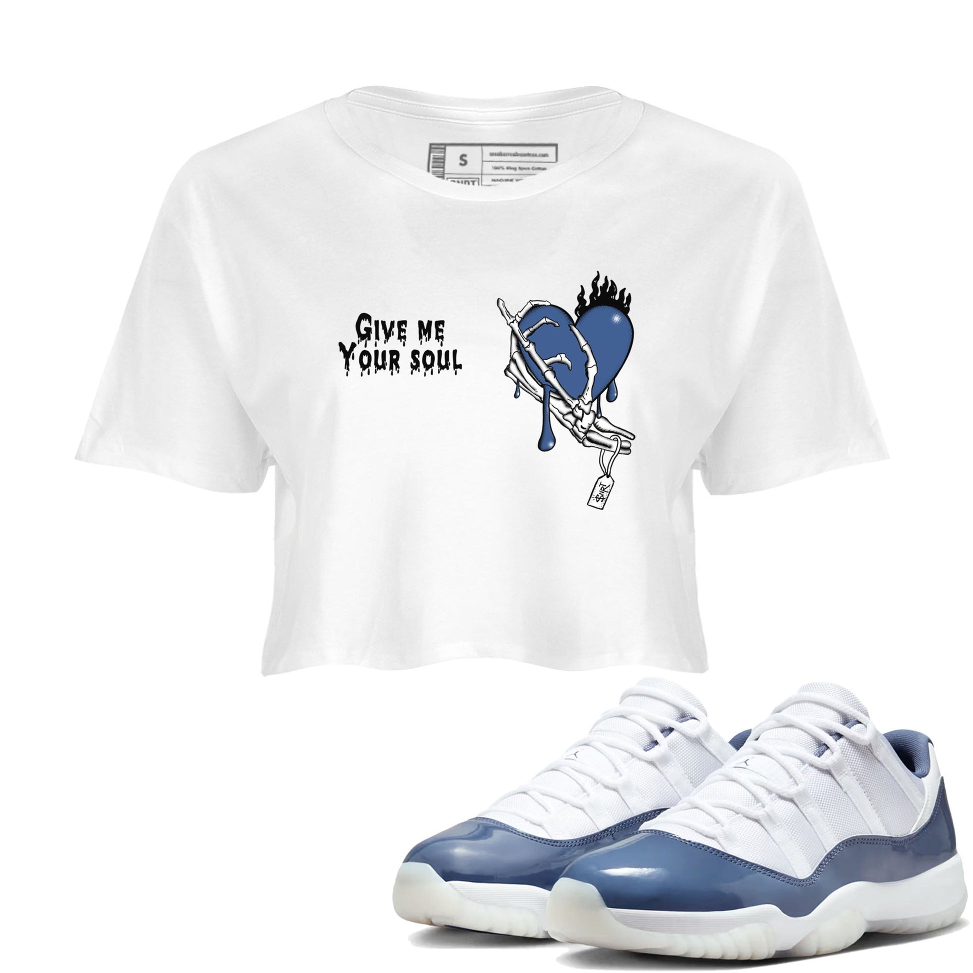 11s Diffused Blue shirts to match jordans Give Me Your Soul unique Halloween sneaker tee Air Jordan 11 Diffused Blue SNRT Sneaker Release Tees unisex cotton White 1 Crop Shirts