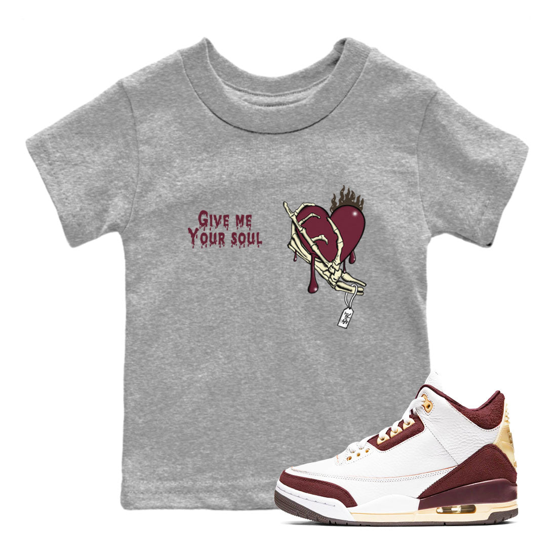 3s A Ma Maniere x Burgundy Crush shirts to match jordans Give Me Your Soul unique Halloween sneaker tee Air Jordan 3 A Ma Maniere x Burgundy Crush SNRT Sneaker Release Tees Youth Baby Heather Grey 1 crew neck shirts