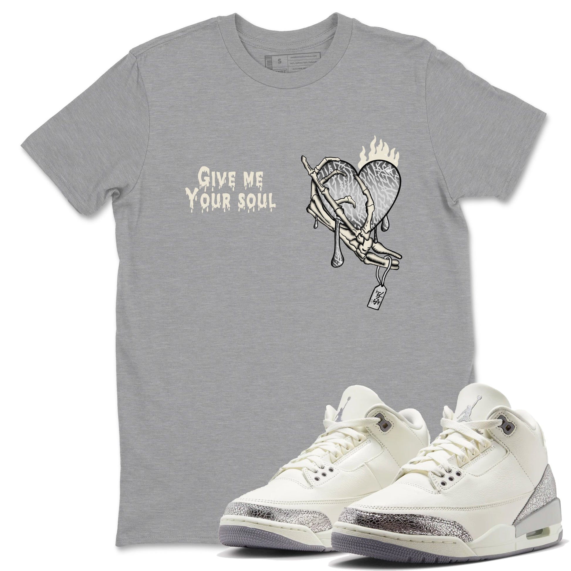 3s Sail and Cement Grey shirts to match jordans Give Me Your Soul sneaker match tees Air Jordan 3 Retro Sail and Cement Grey match shoes to clothes SNRT Sneaker Tees unisex cotton Heather Grey 1 shirts