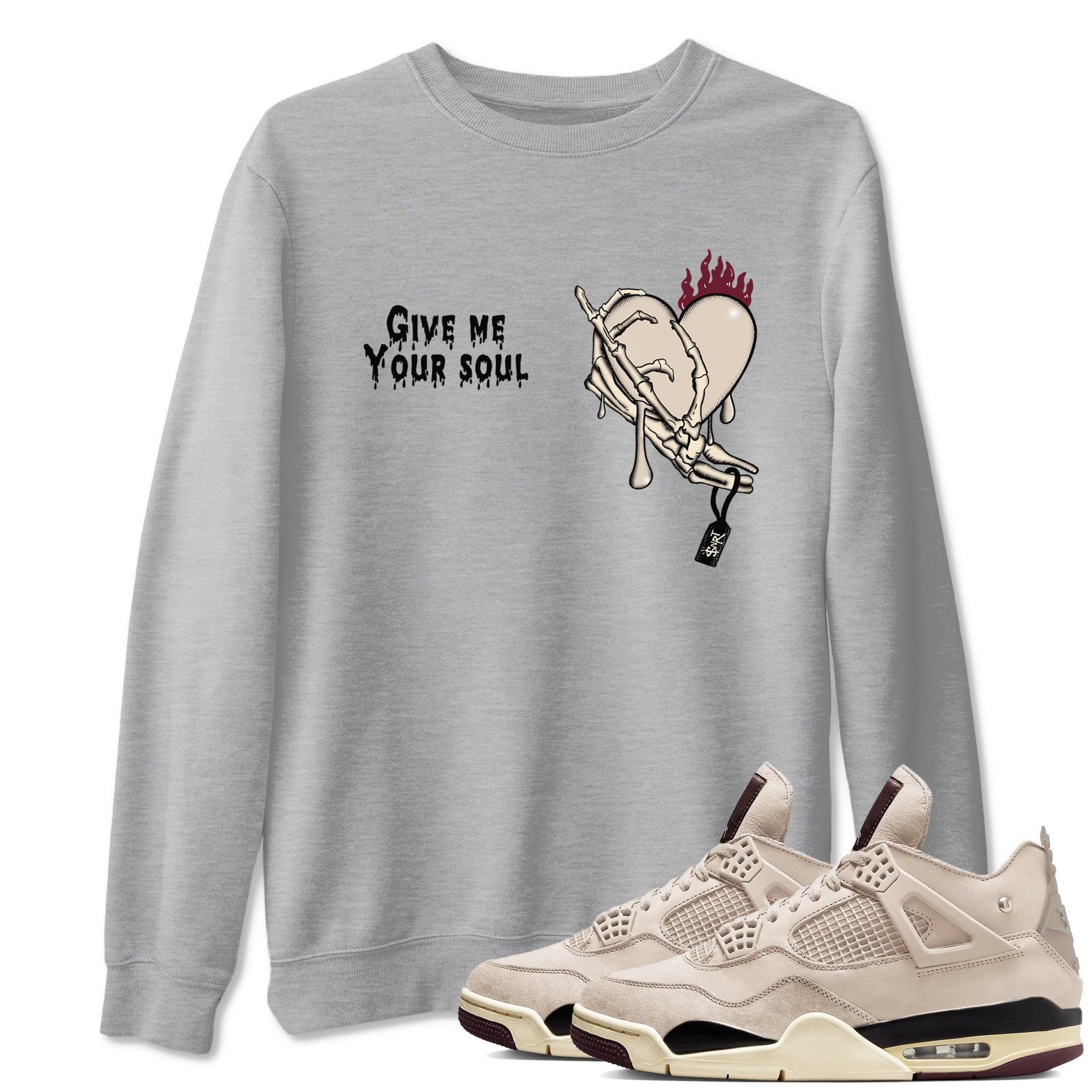 4s A Ma Maniere x Fossil Stone shirts to match jordans Give Me Your Soul unique Halloween sneaker tee 4s A Ma Maniere x Fossil Stone match shoes to clothes SNRT Sneaker Tees unisex cotton Heather Grey 1 shirts