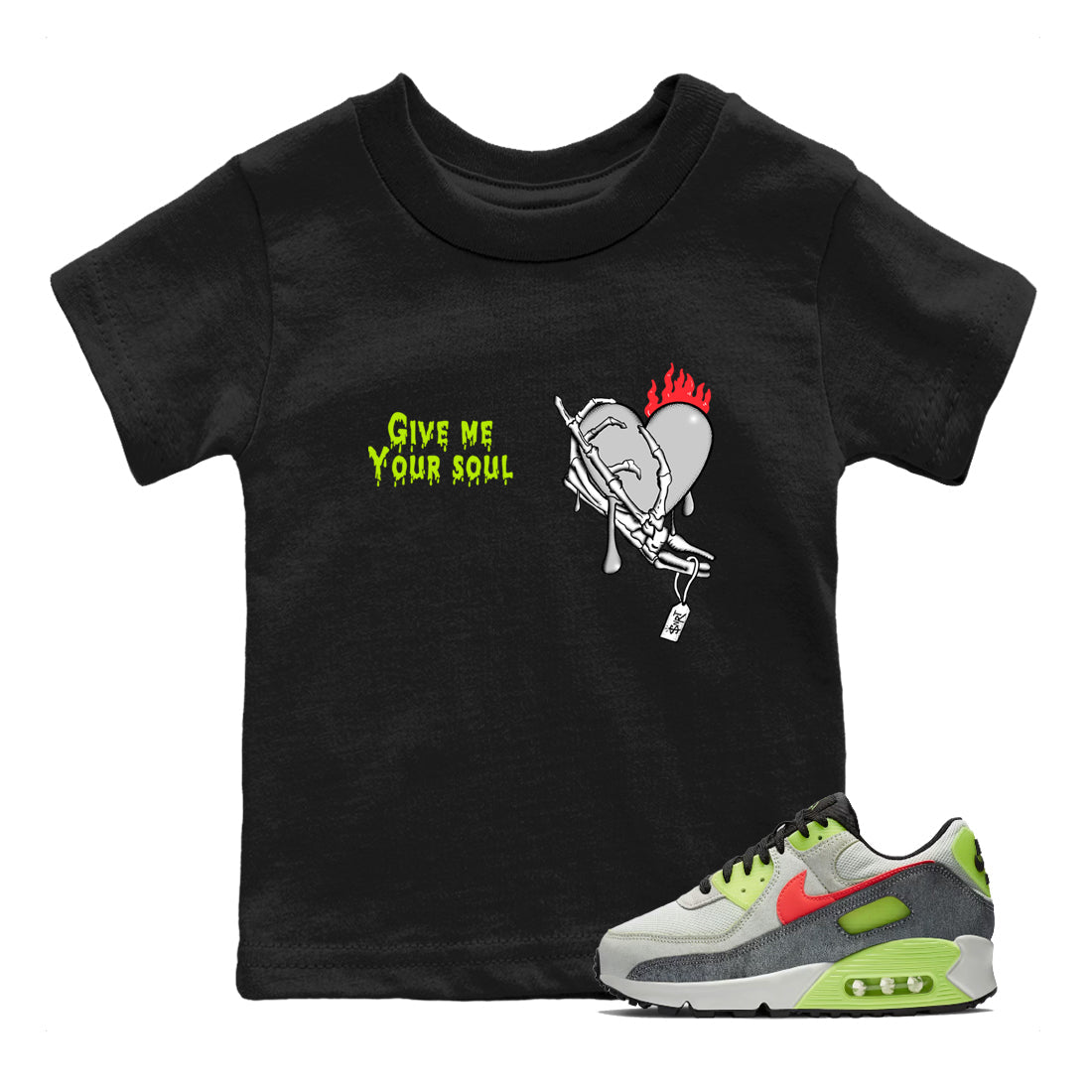 Sneaker Threads – Sneaker Tees To Match Air Max 90 Spruce Aura and Ghost Green – Give Me Your Soul Youth Graphic Tee Black 1. Perfect for Jordan releases 2025 colorways.