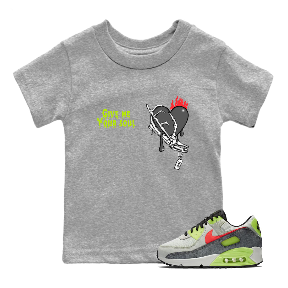Sneaker Threads – Sneaker Tees To Match Air Max 90 Spruce Aura and Ghost Green – Give Me Your Soul Youth Graphic Tee Heather Grey 1. Perfect for Jordan releases 2025 colorways.