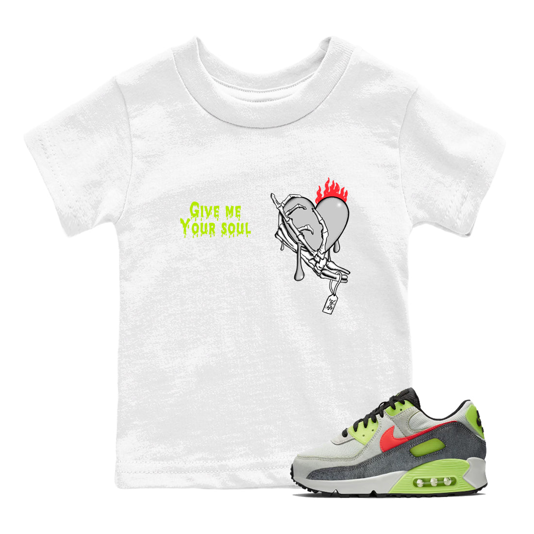 Sneaker Threads – Sneaker Tees To Match Air Max 90 Spruce Aura and Ghost Green – Give Me Your Soul Youth Graphic Tee White 1. Perfect for Jordan releases 2025 colorways.