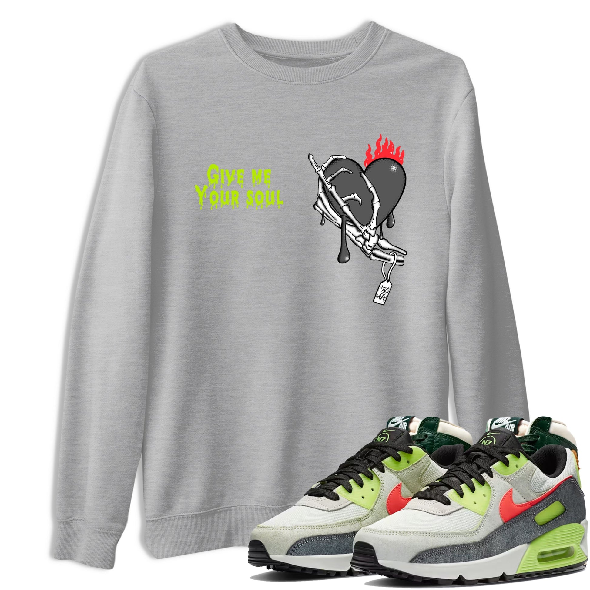 Sneaker Threads – Sneaker Tees To Match Air Max 90 Spruce Aura and Ghost Green – Give Me Your Soul Graphic Tee Heather Grey 1. Perfect for Jordan releases 2025 colorways.