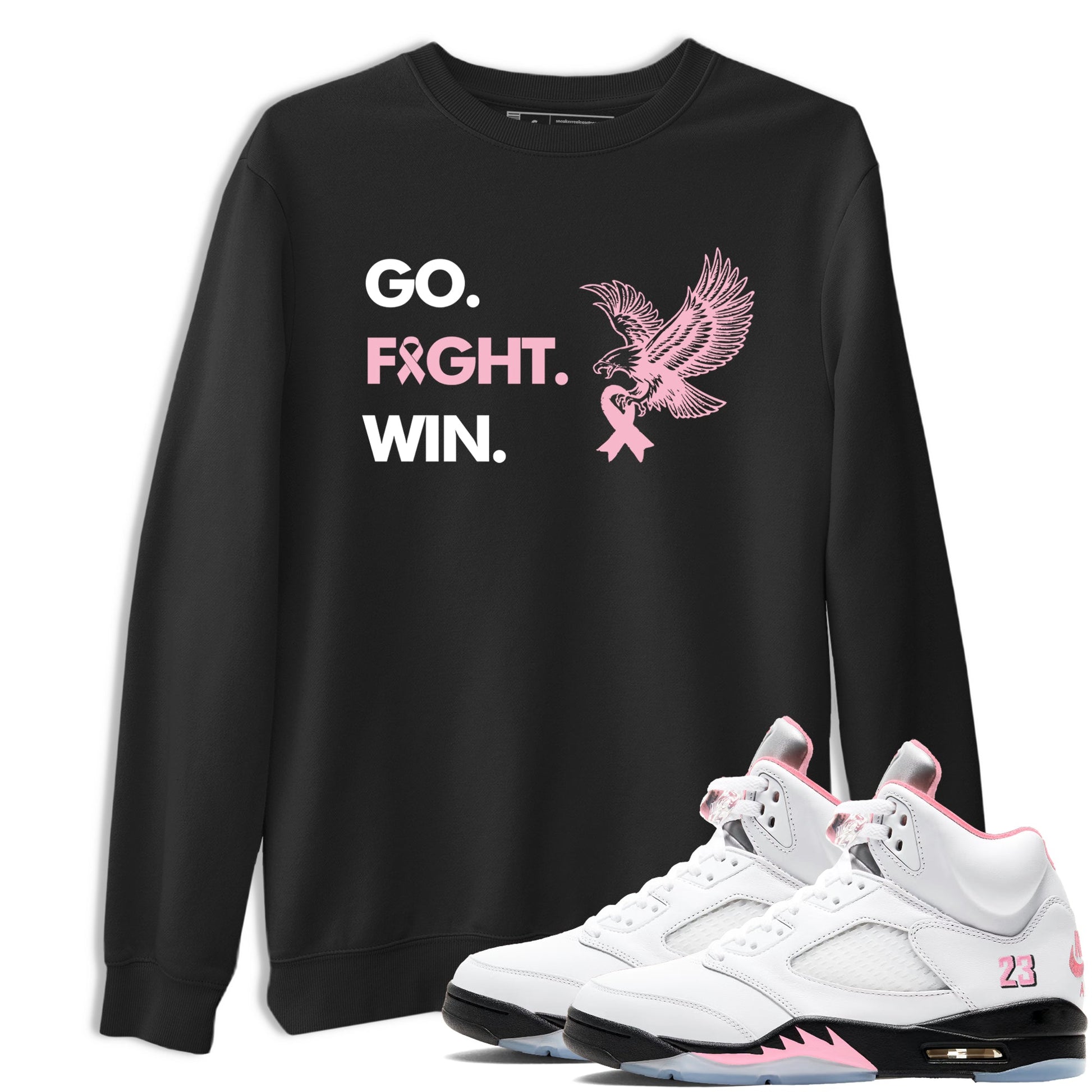 Sneaker Threads Sneaker Tees To Match Air Jordan 5 Medium Soft Pink Go Fight Win Graphic Tee Black 1. Perfect for Jordan releases 2025 colorways. breast cancer awareness.