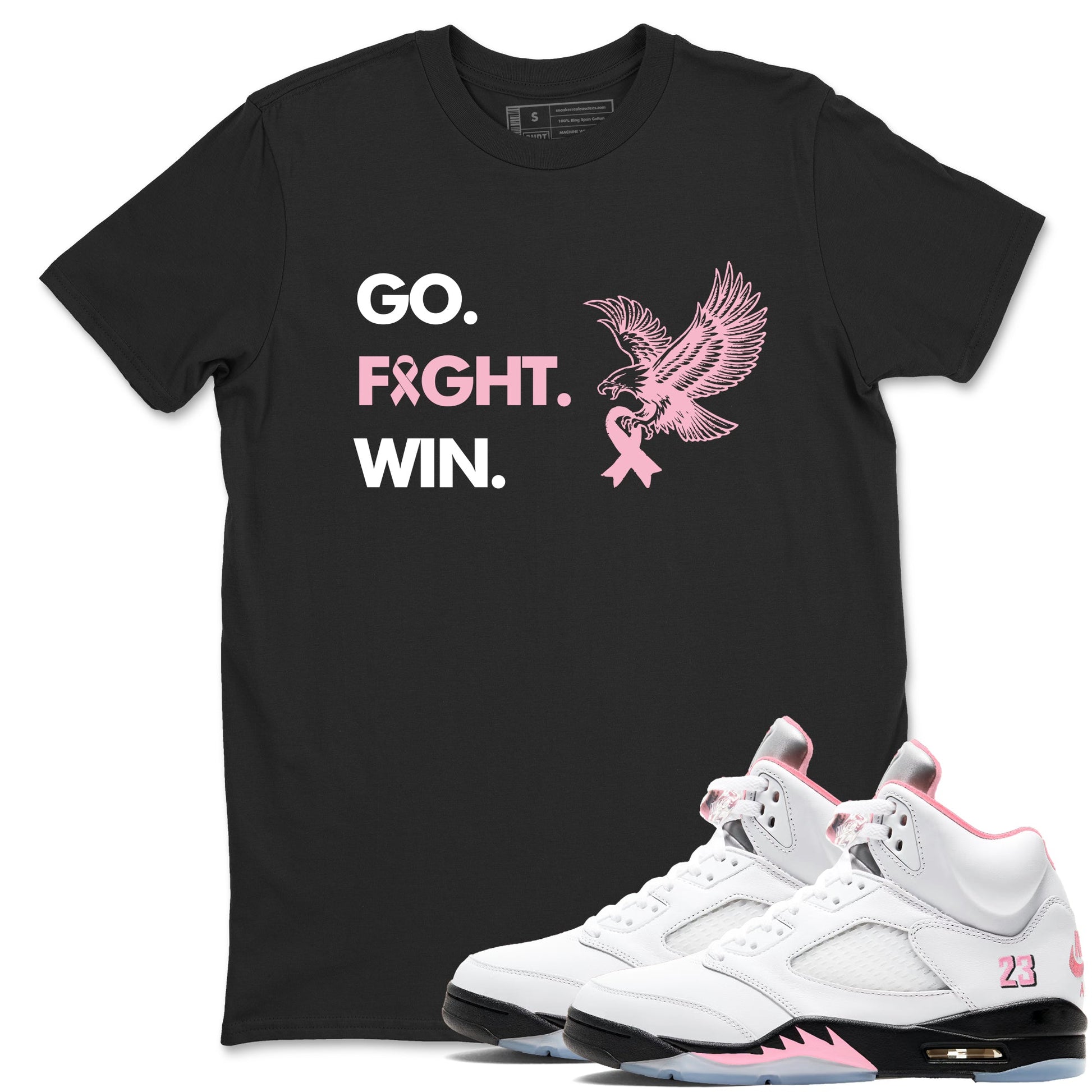 Sneaker Threads Sneaker Tees To Match Air Jordan 5 Medium Soft Pink Go Fight Win Graphic Tee Black 1. Perfect for Jordan releases 2025 colorways. breast cancer awareness.