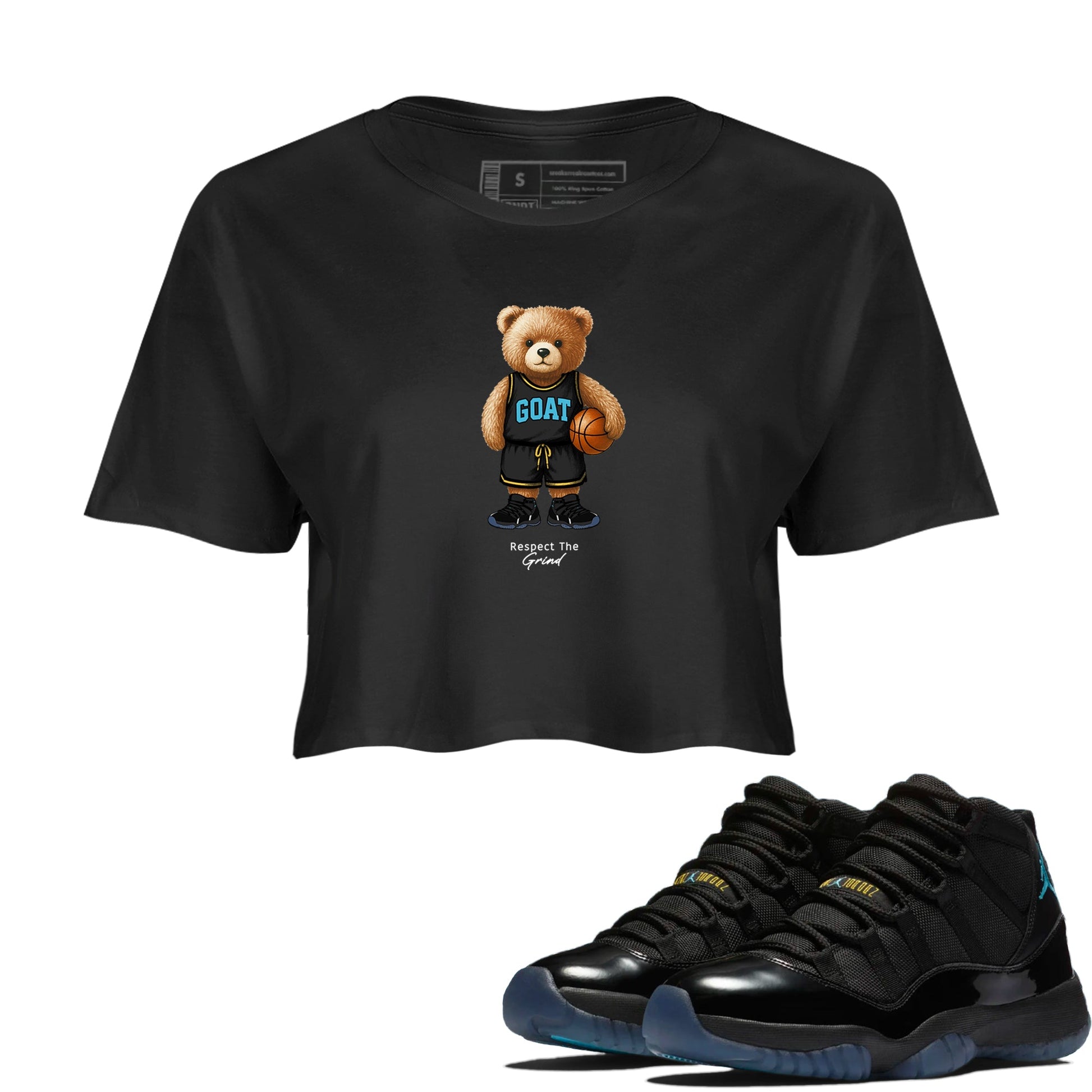 Basketball Graphic Tee – Sneaker Tees To Match Air Jordan 11 Gamma – GOAT Mode Crop Tee Black 1. Perfect for Foamposite releases 2025 colorways.
