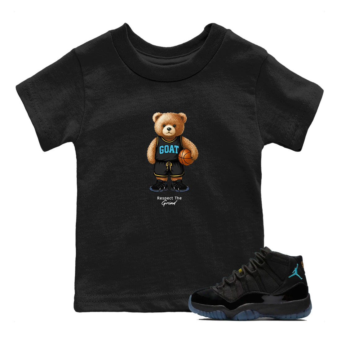 Basketball Graphic Tee – Sneaker Tees To Match Air Jordan 11 Gamma – GOAT Mode Youth Graphic Tee Black 1. Perfect for 11s Gamma releases 2025 colorways.
