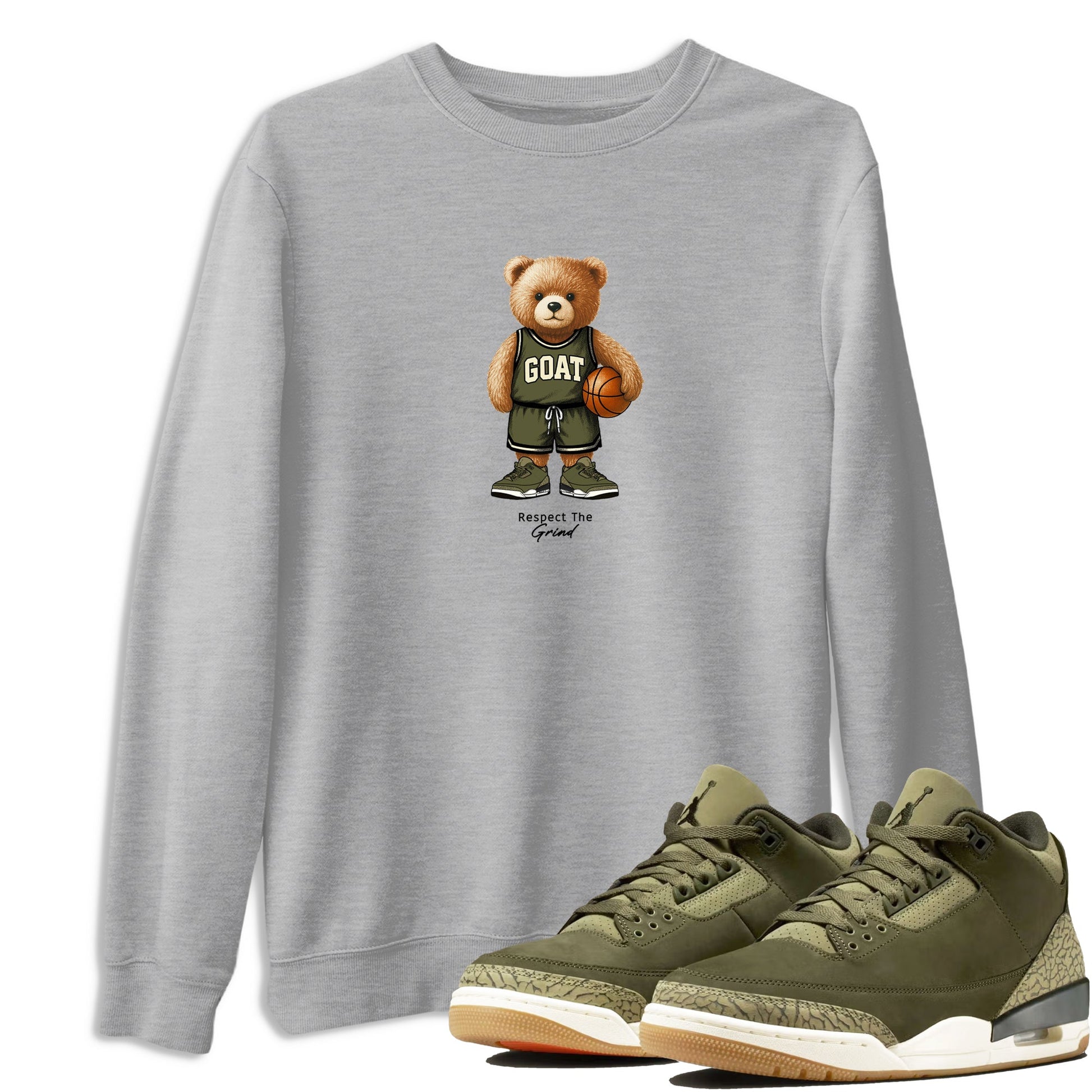 Basketball Graphic Tee – Sneaker Tees To Match Air Jordan 3 Family Affair – GOAT Mode Graphic Tee Heather Grey 1. Perfect for 3s Medium Olive releases 2025 colorways.